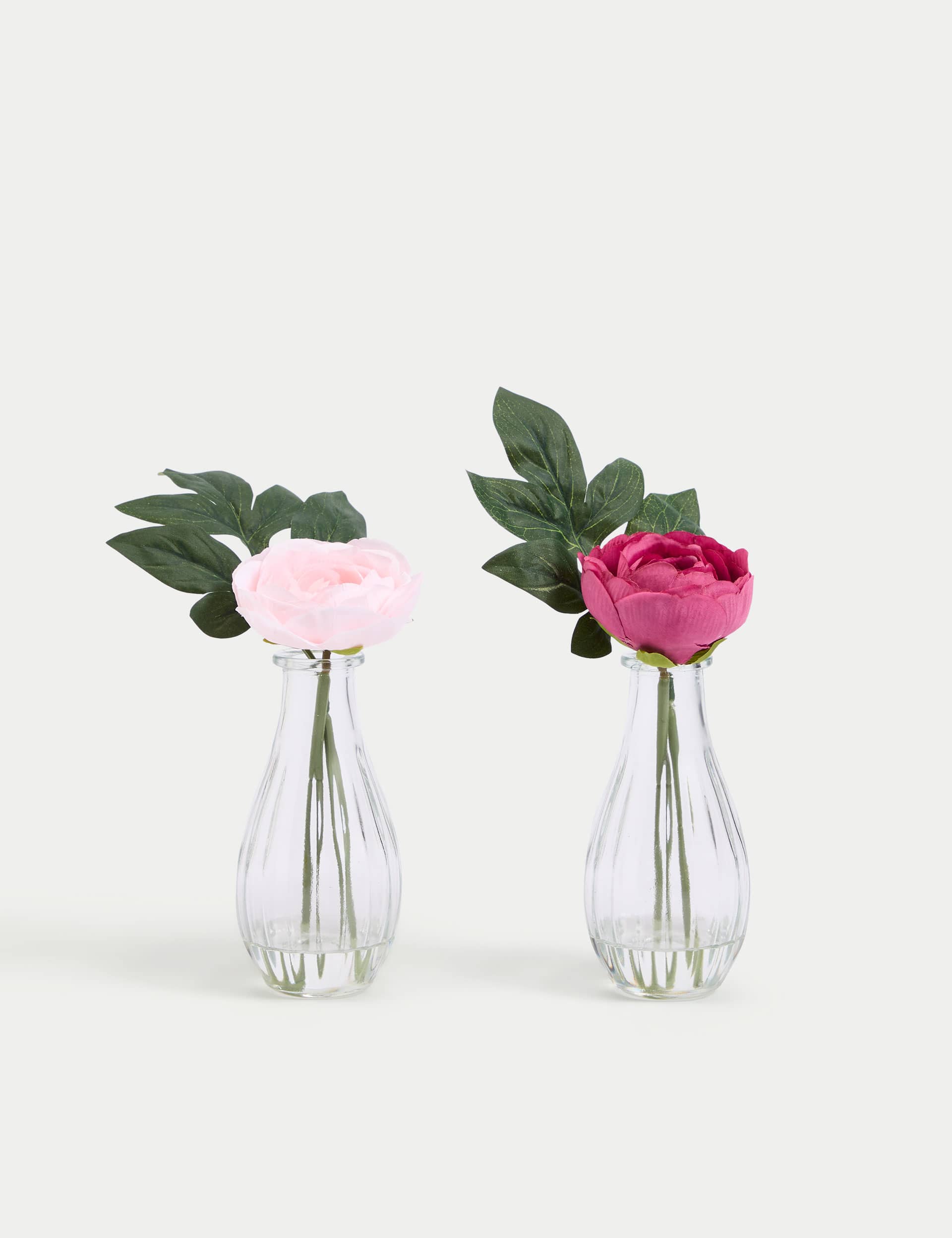 Moss & Sweetpea Set of 2 Artificial Rose Buds in Glass Vase - Clear, Clear