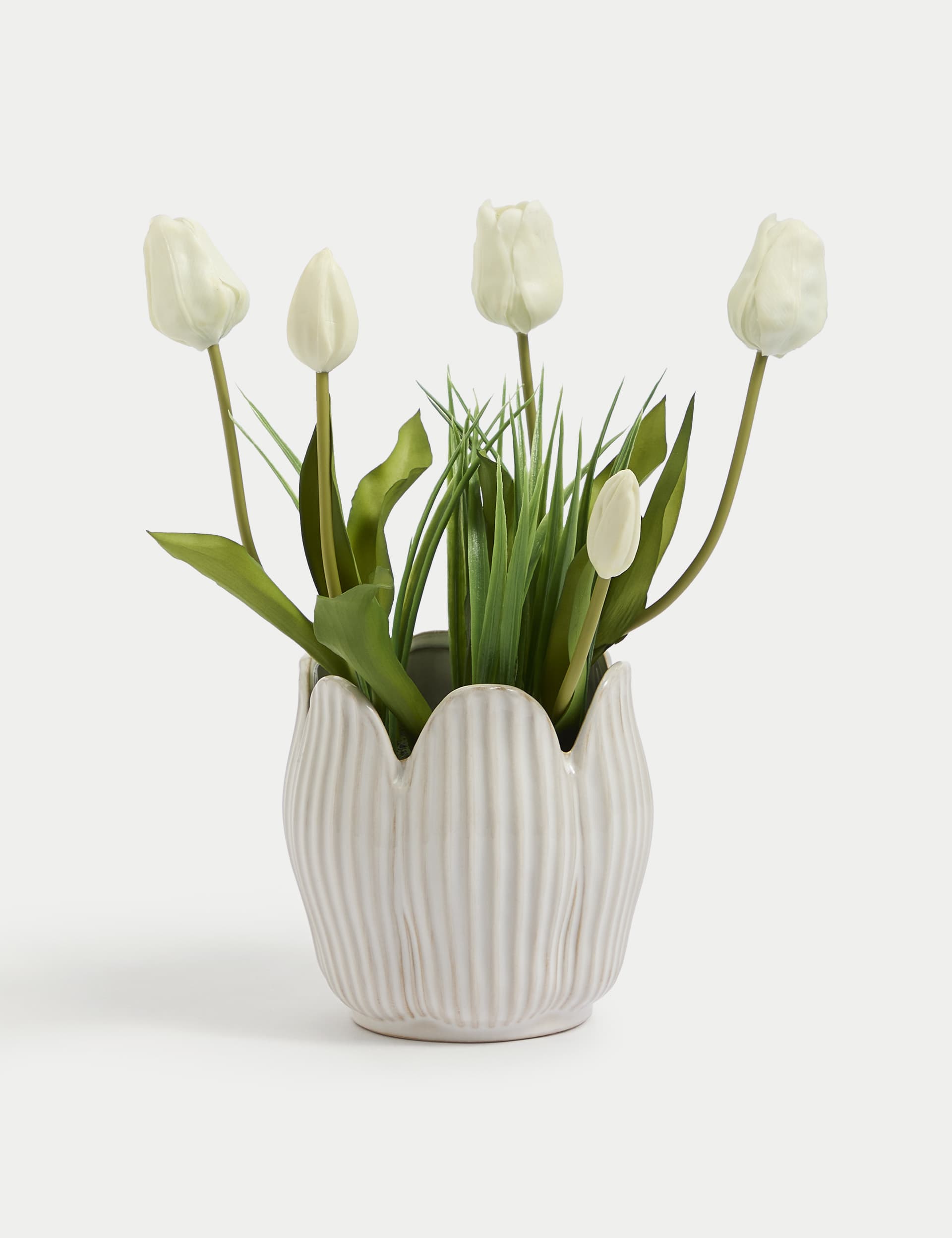 Moss & Sweetpea Artificial Tulips in Ceramic Pot - White, White