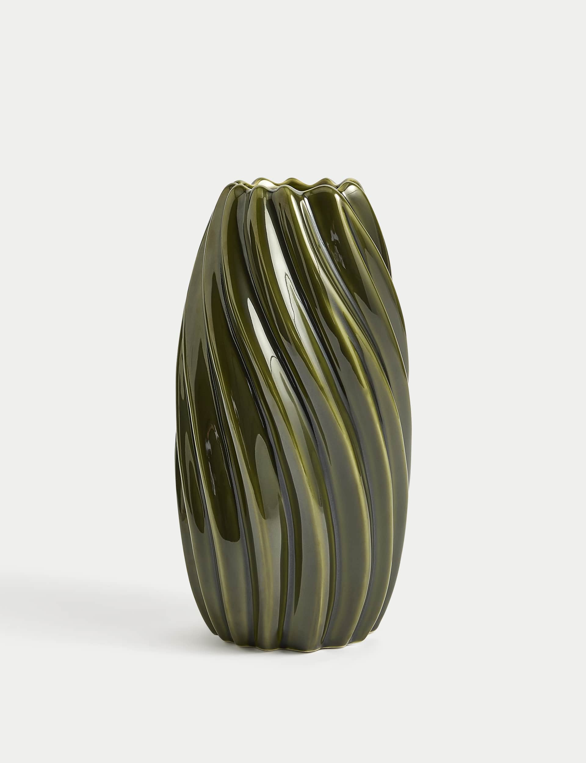 M&S Collection Medium Reactive Glaze Ceramic Cylinder Vase - Green, Green