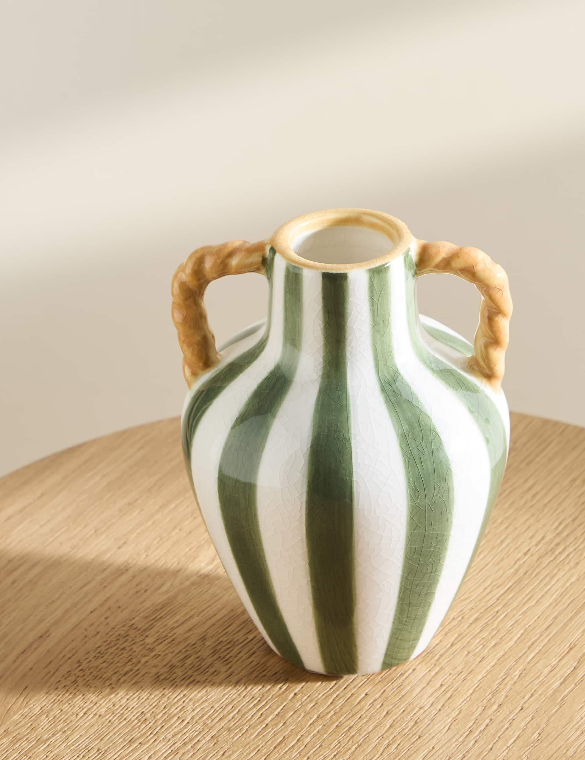 M&S Small Striped Ceramic Vase - Green Mix, Green Mix