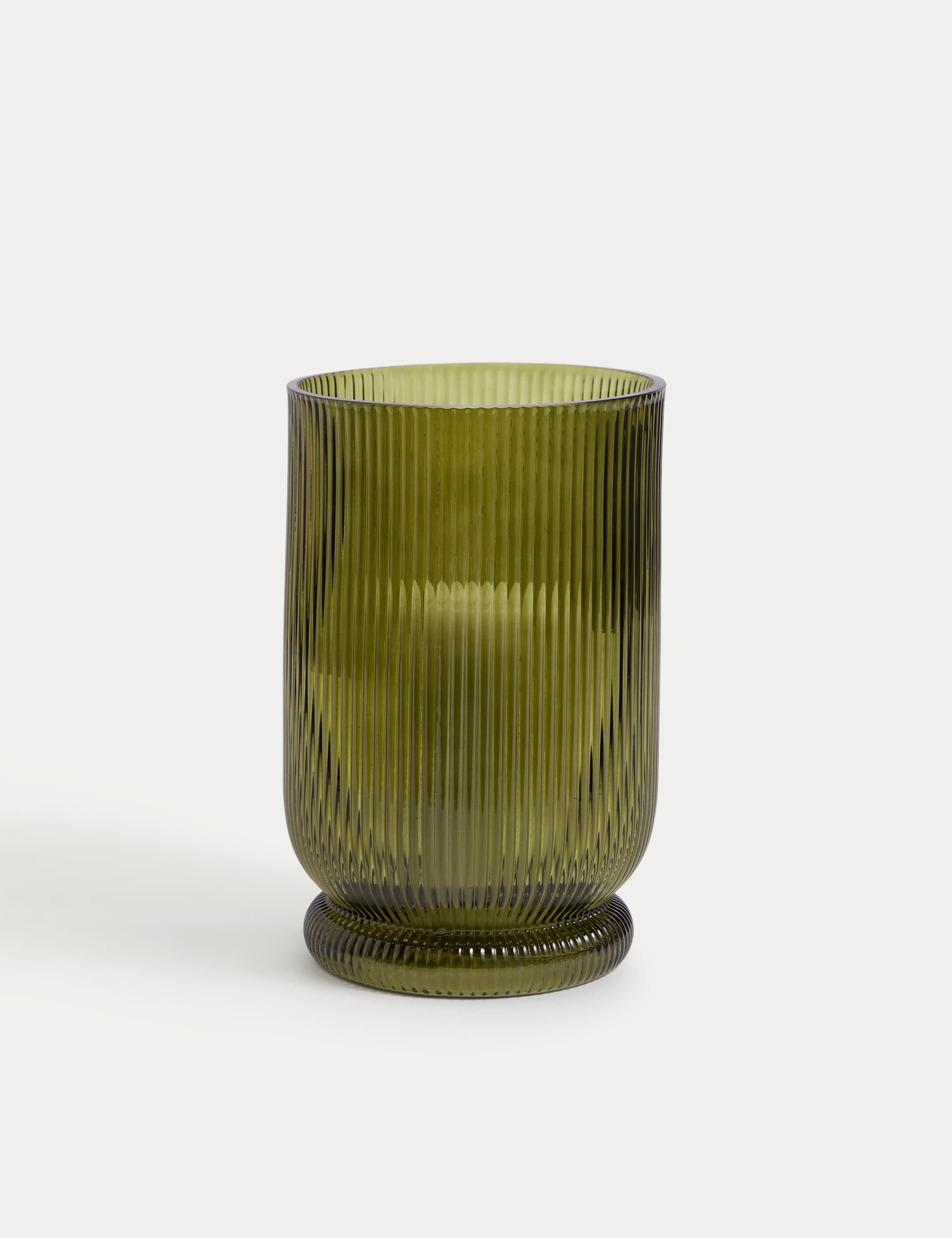 M&S Ridged Glass Hurricane Candle Holder - Green, Green