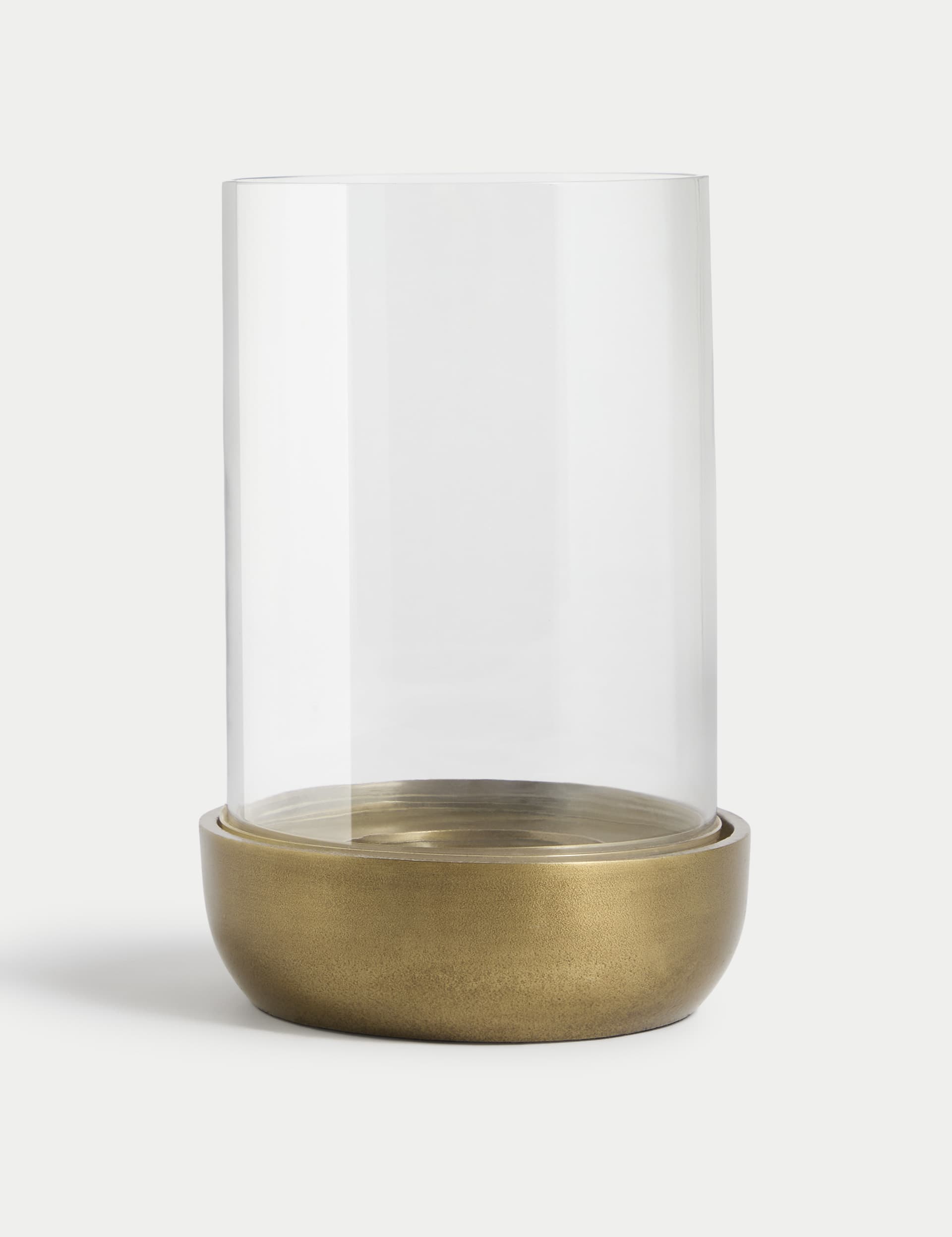 M&S Collection Metal & Glass Hurricane Candle Holder - Gold, Gold