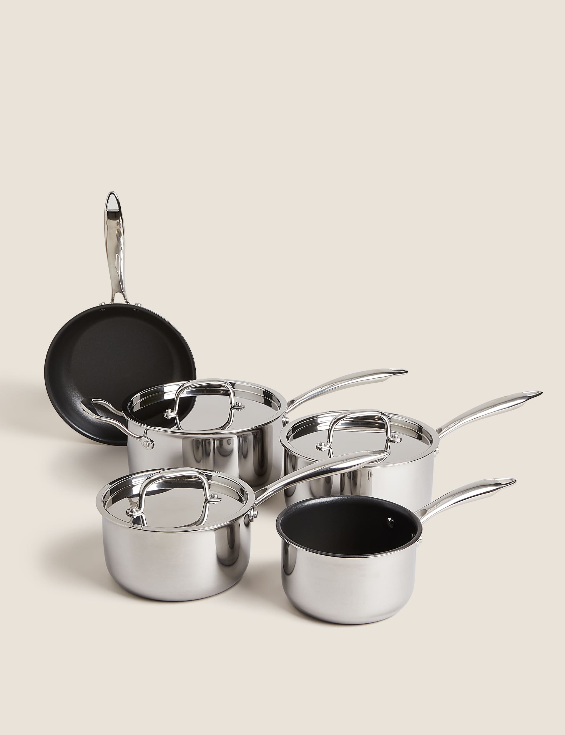 M&S Collection 5 Piece Tri Ply Pan Set - Silver, Silver