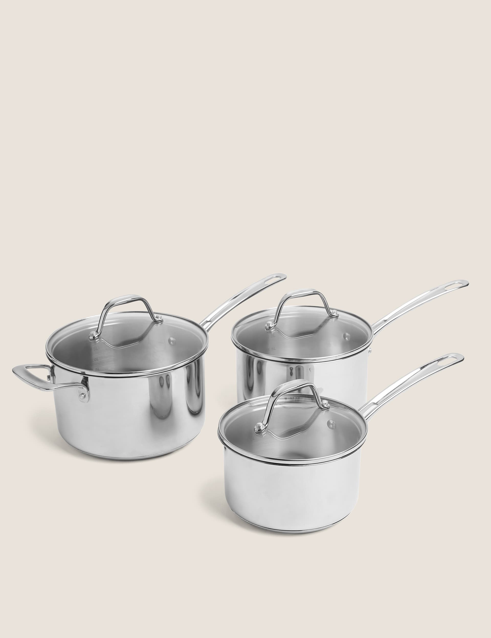 M&S 3 Piece Stainless Steel Pan Set - Silver, Silver