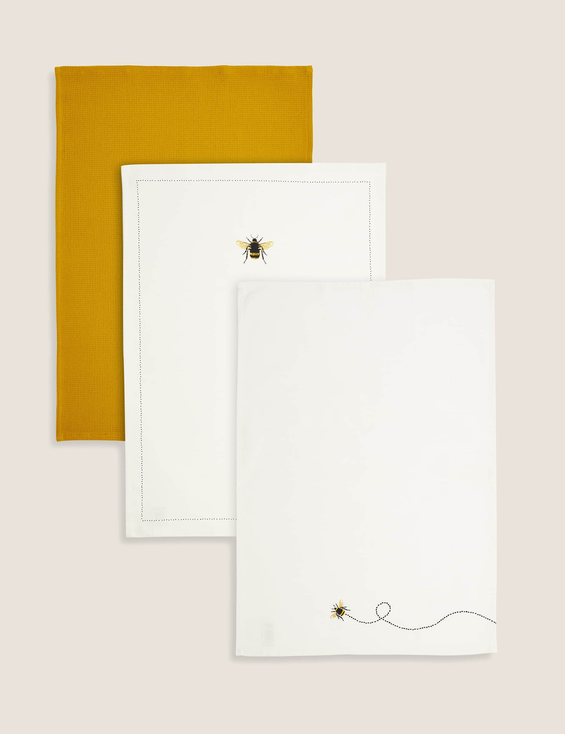 M&S Set of 3 Pure Cotton Bee Tea Towels