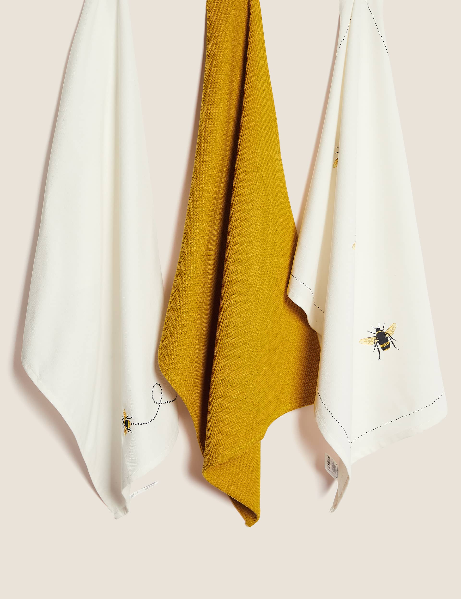 M&S Collection Set of 3 Pure Cotton Bee Tea Towels - Yellow Mix, Yellow Mix