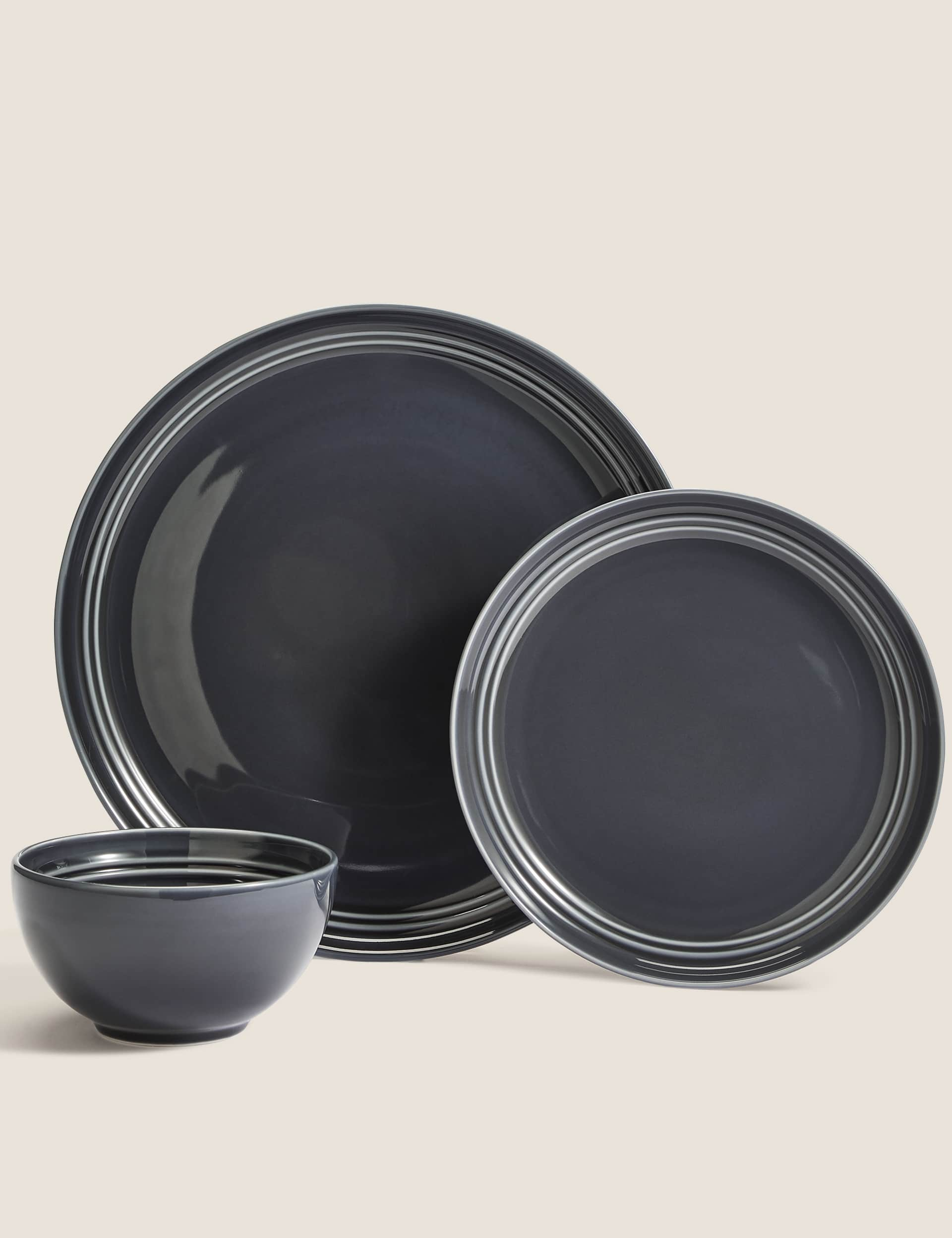 M&S 12 Piece Marlowe Dinner Set - Dark Grey, Light Grey,White,Dark Grey