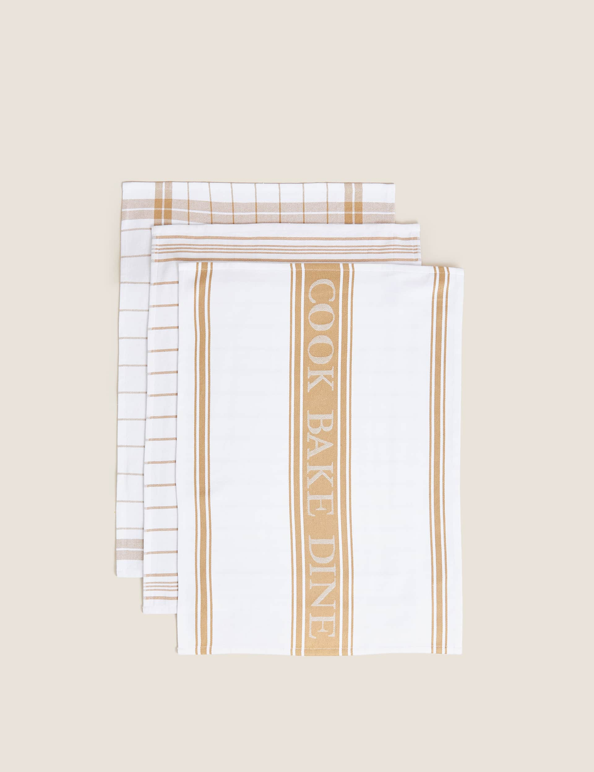 M&S Set of 3 Cotton Rich Striped Tea Towels - Neutral, Neutral,Blue,Terracotta