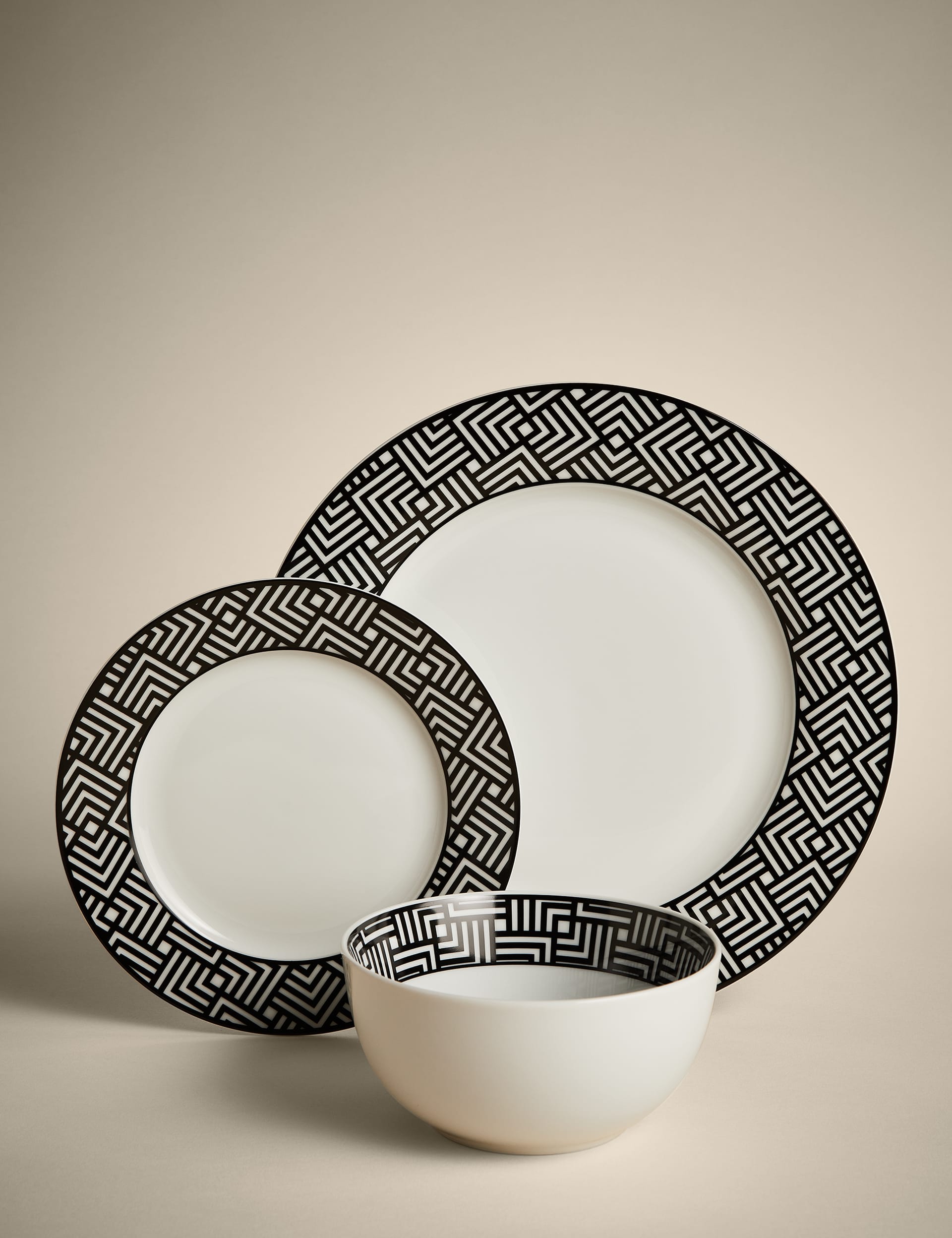 M&S Collection 12 Piece Geometric Dinner Set - Black Mix, Black Mix