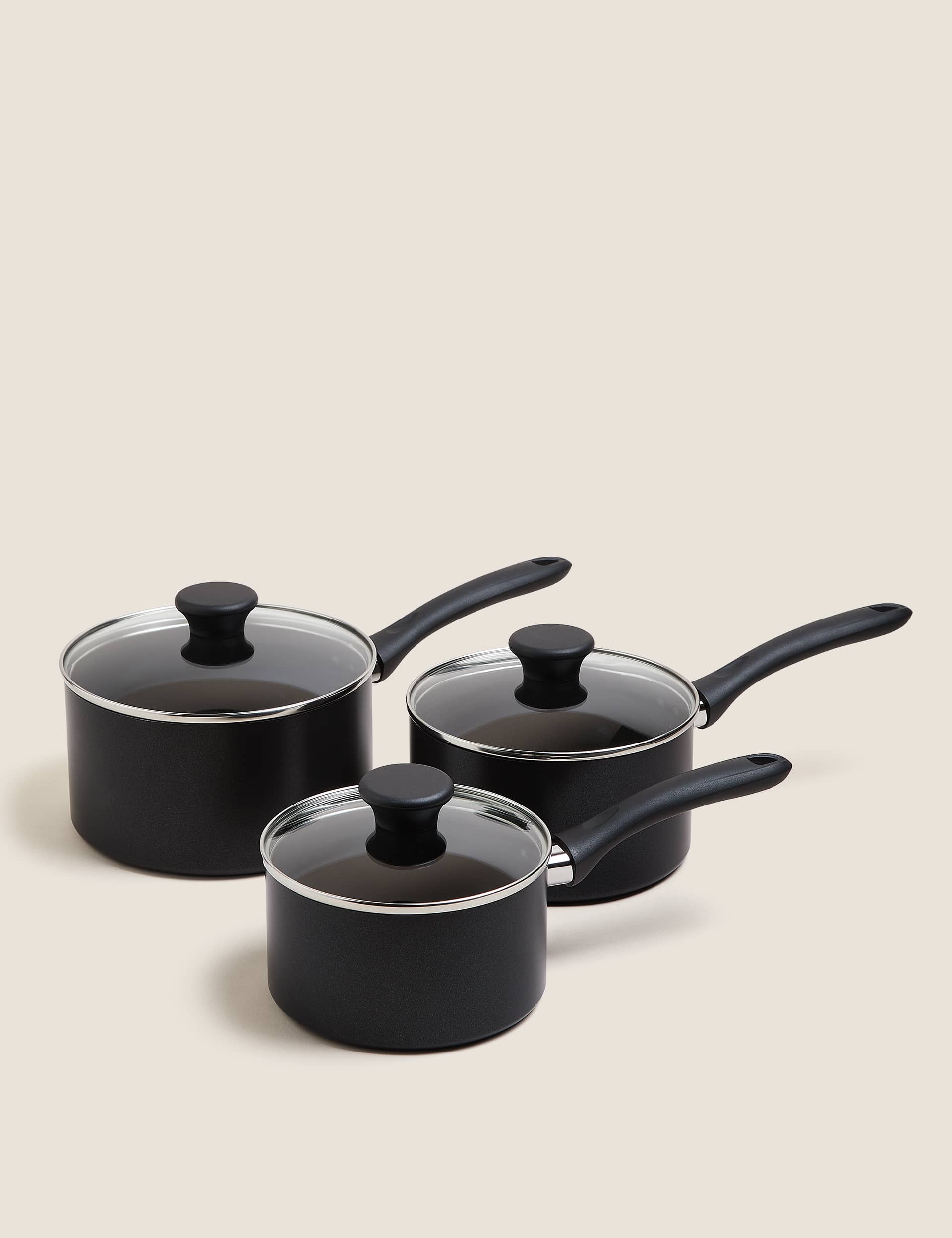 M&S 3 Piece Black Aluminium Non Stick Pan Set, Black