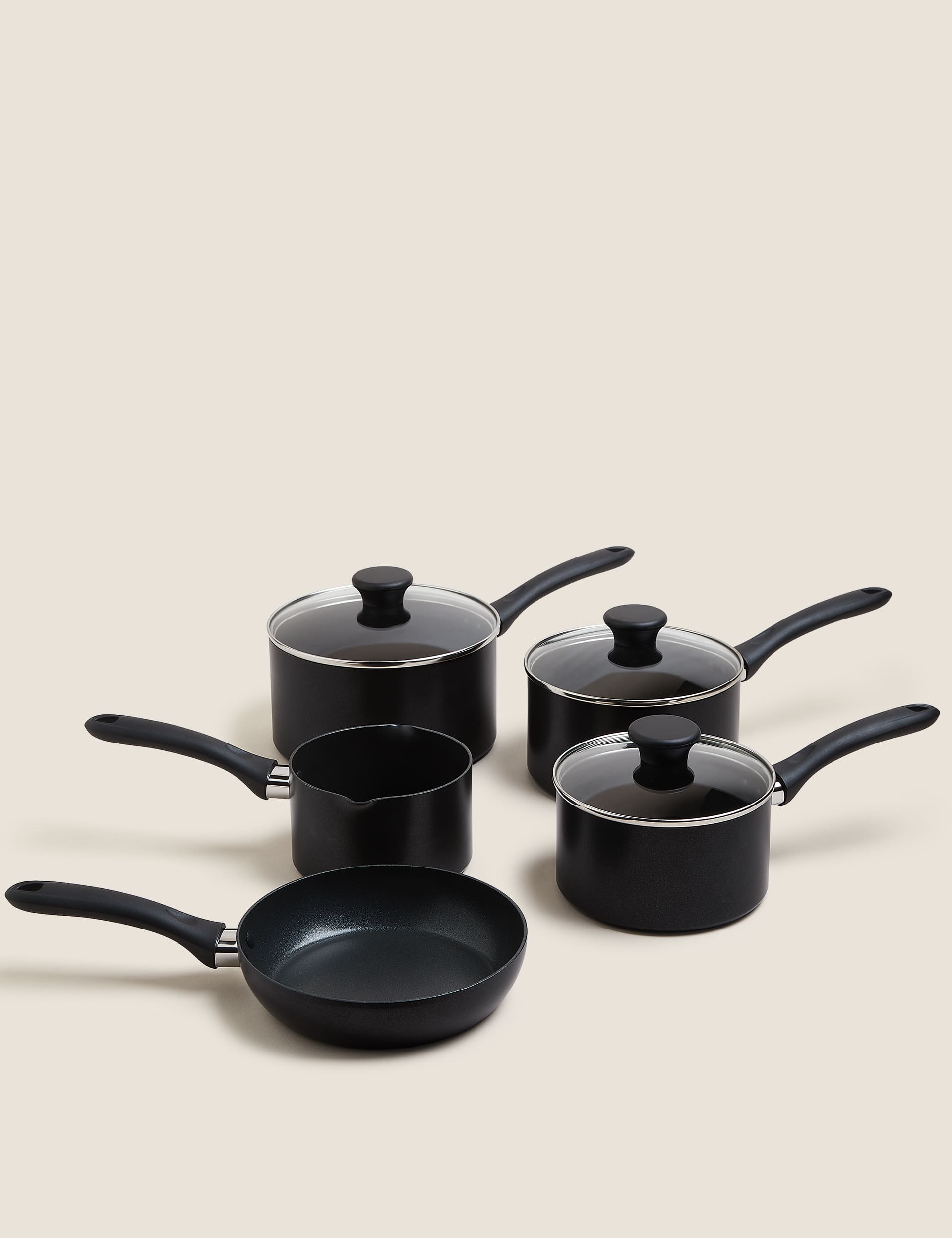M&S 5 Piece Black Aluminium Non Stick Pan Set  Black