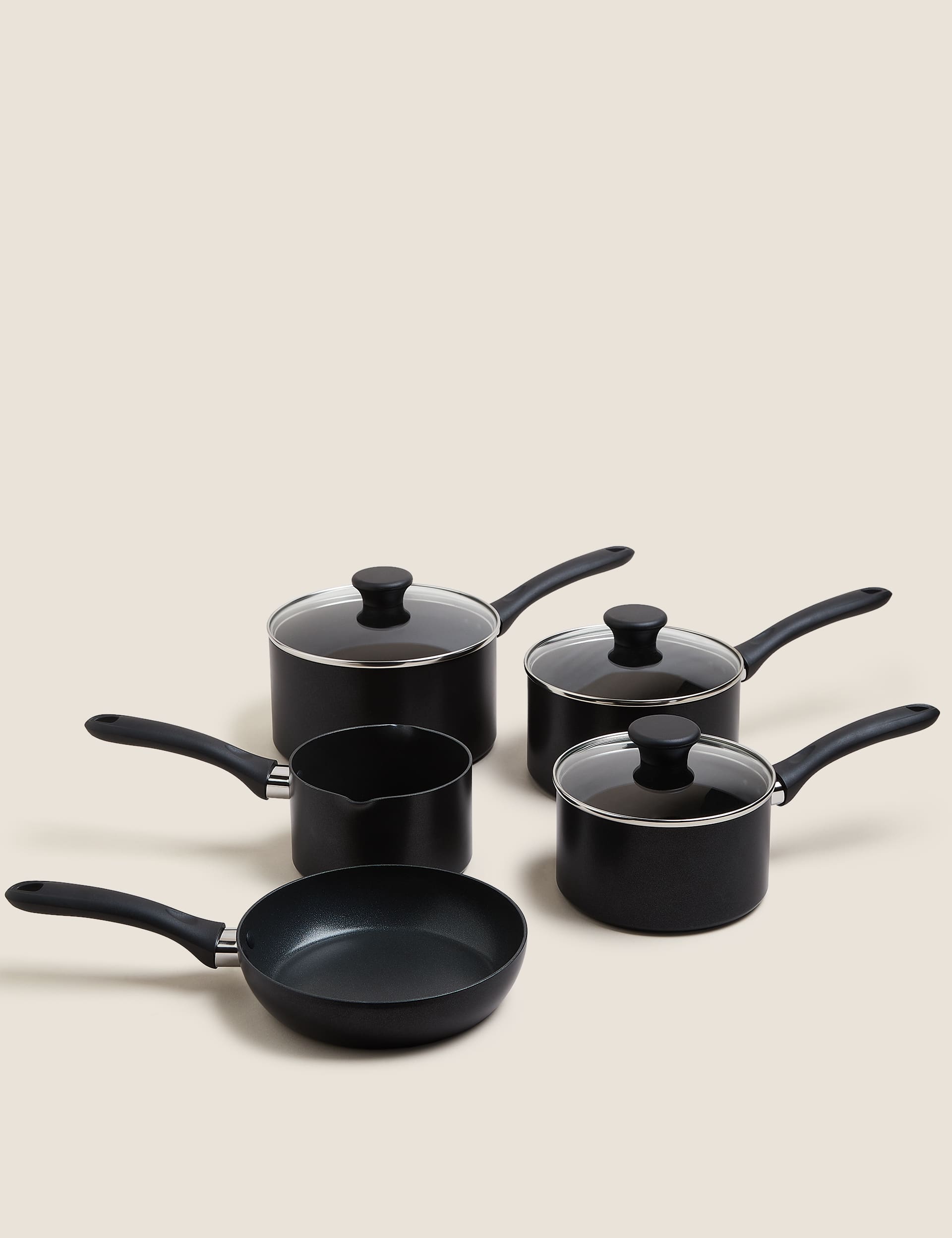 M&S 5 Piece Black Aluminium Non Stick Pan Set, Black