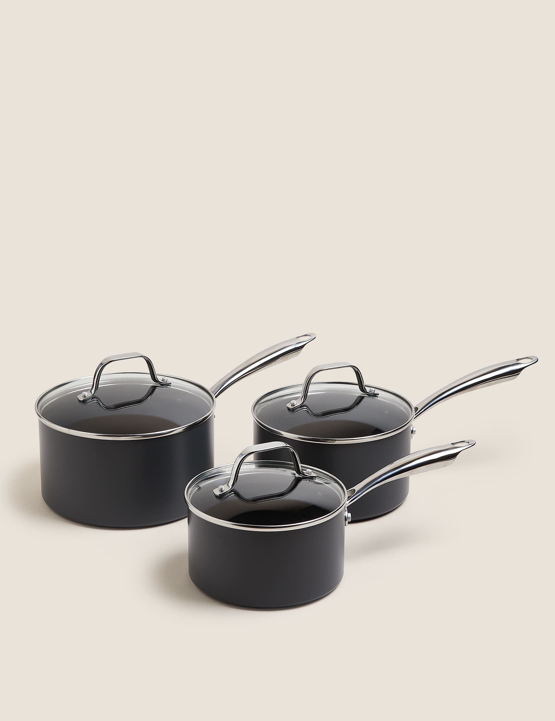 M&S Chef 3 Piece Hard Anodised Pan Set - Black Mix, Black Mix