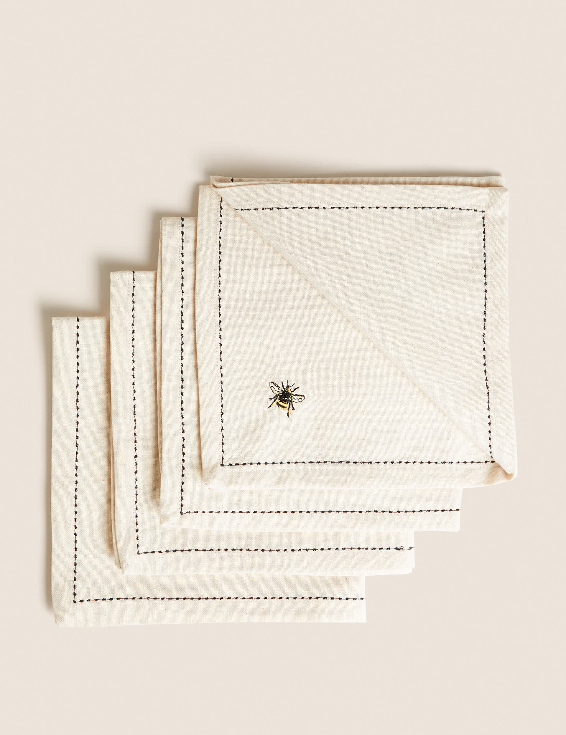 M&S Set of 4 Embroidered Bee Cotton Napkins - Natural, Natural