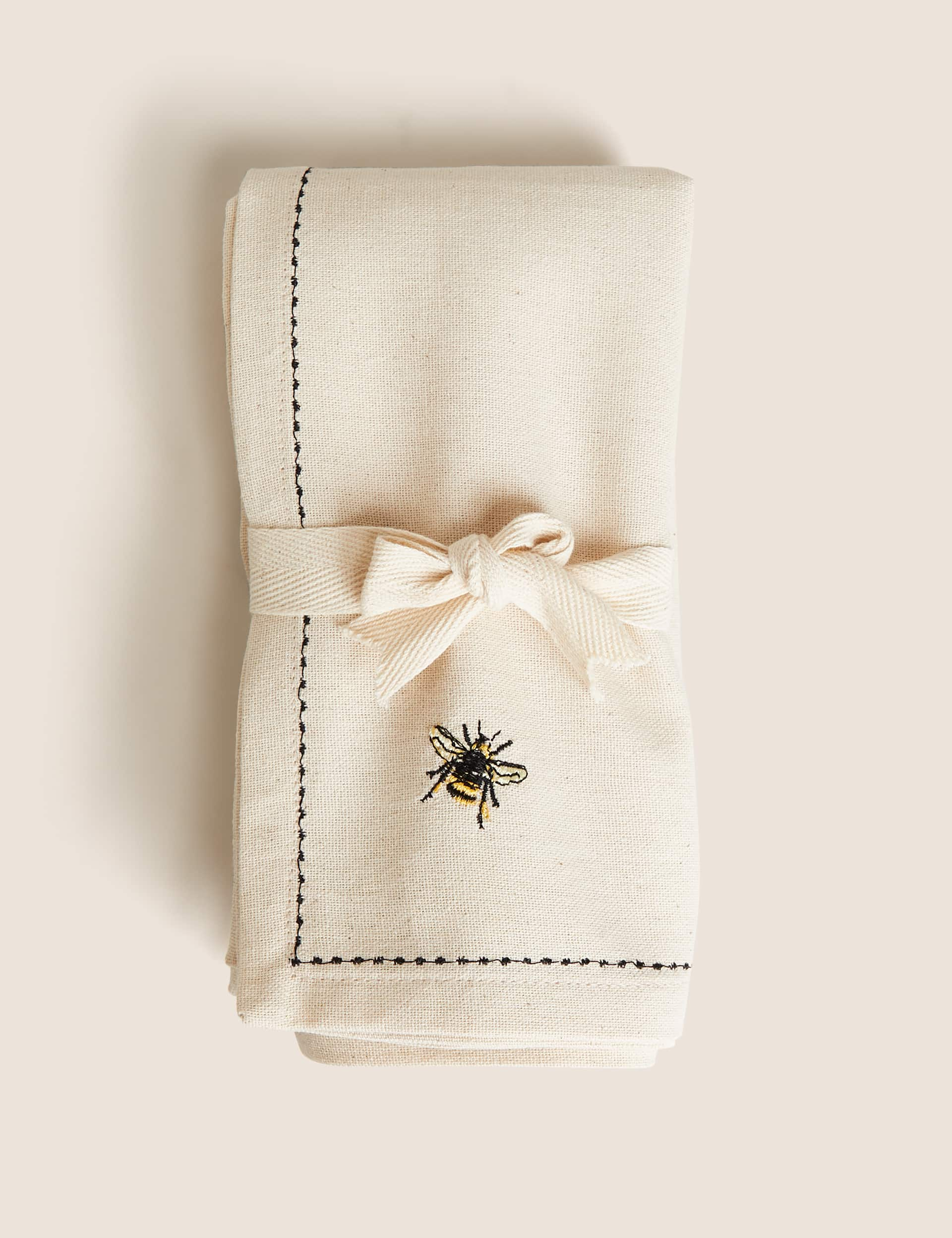 M&S Collection Set of 4 Embroidered Bee Cotton Napkins - Natural, Natural