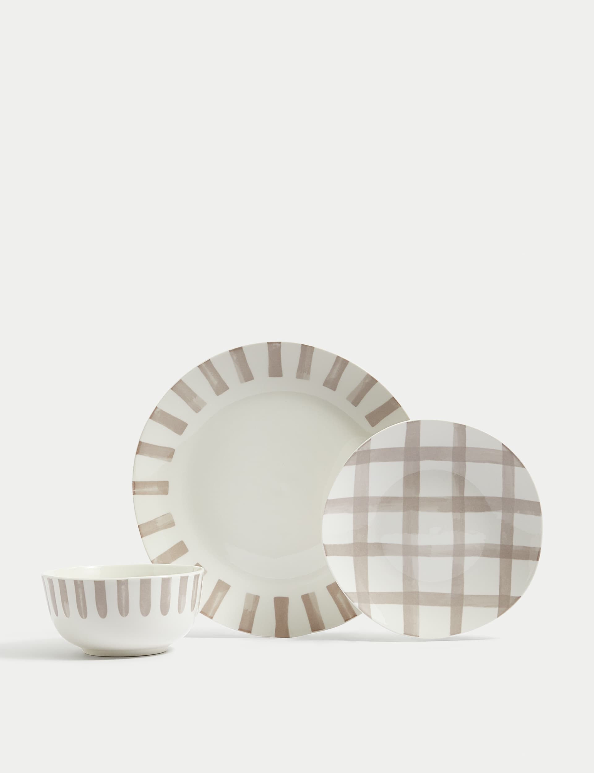 M&S 12 Piece Linear Striped Dinner Set - Natural, Natural