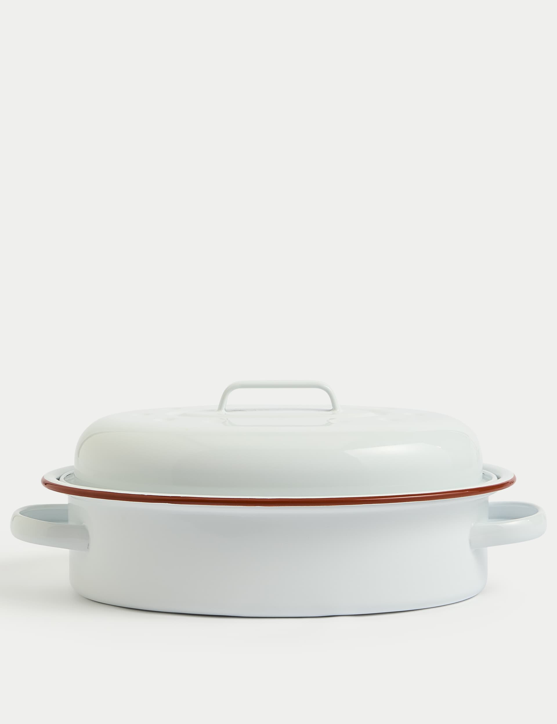 M&S Oval Enamel Roaster with Lid - White, White