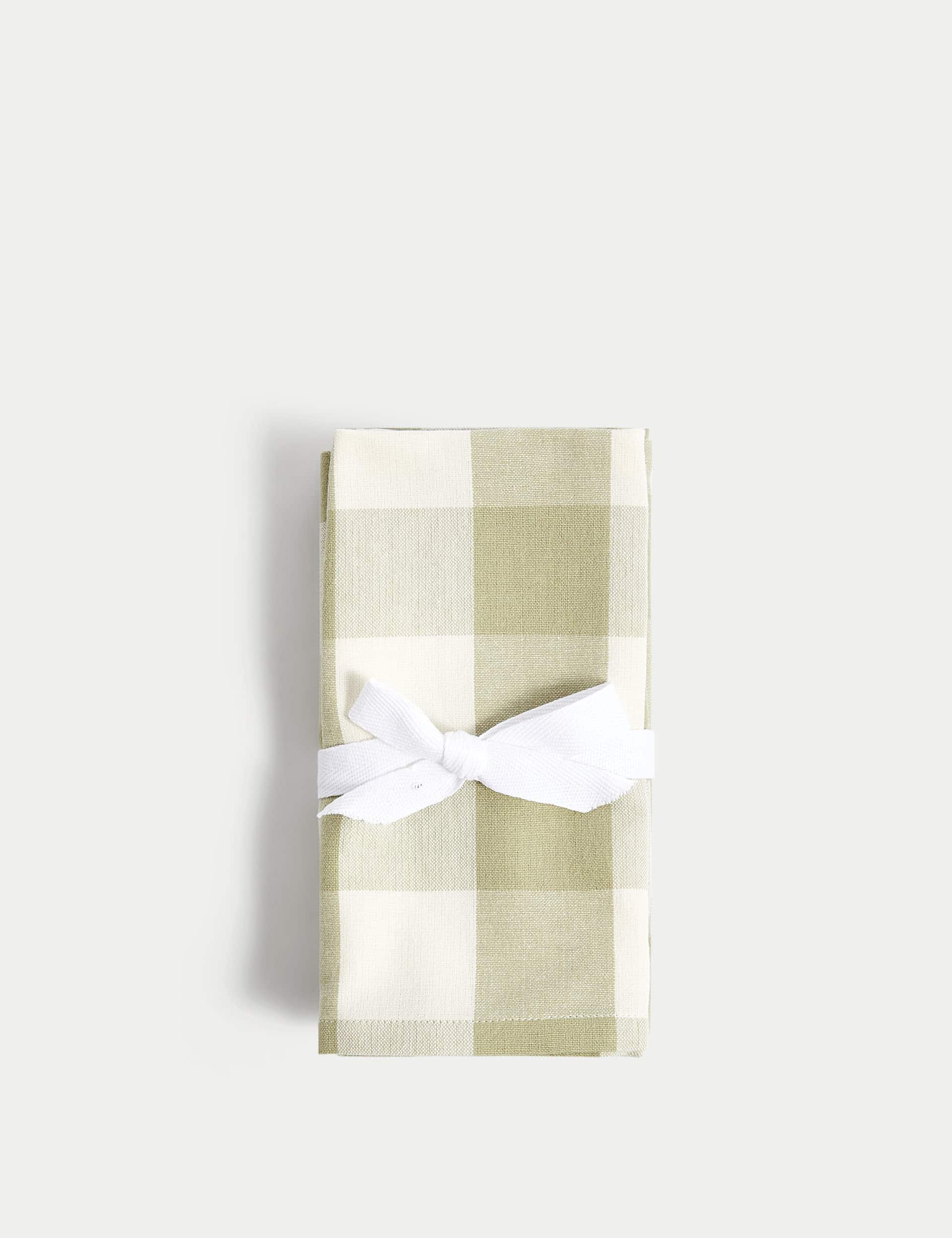 M&S Collection Set of 4 Pure Cotton Gingham Napkins - Green, Green,Natural