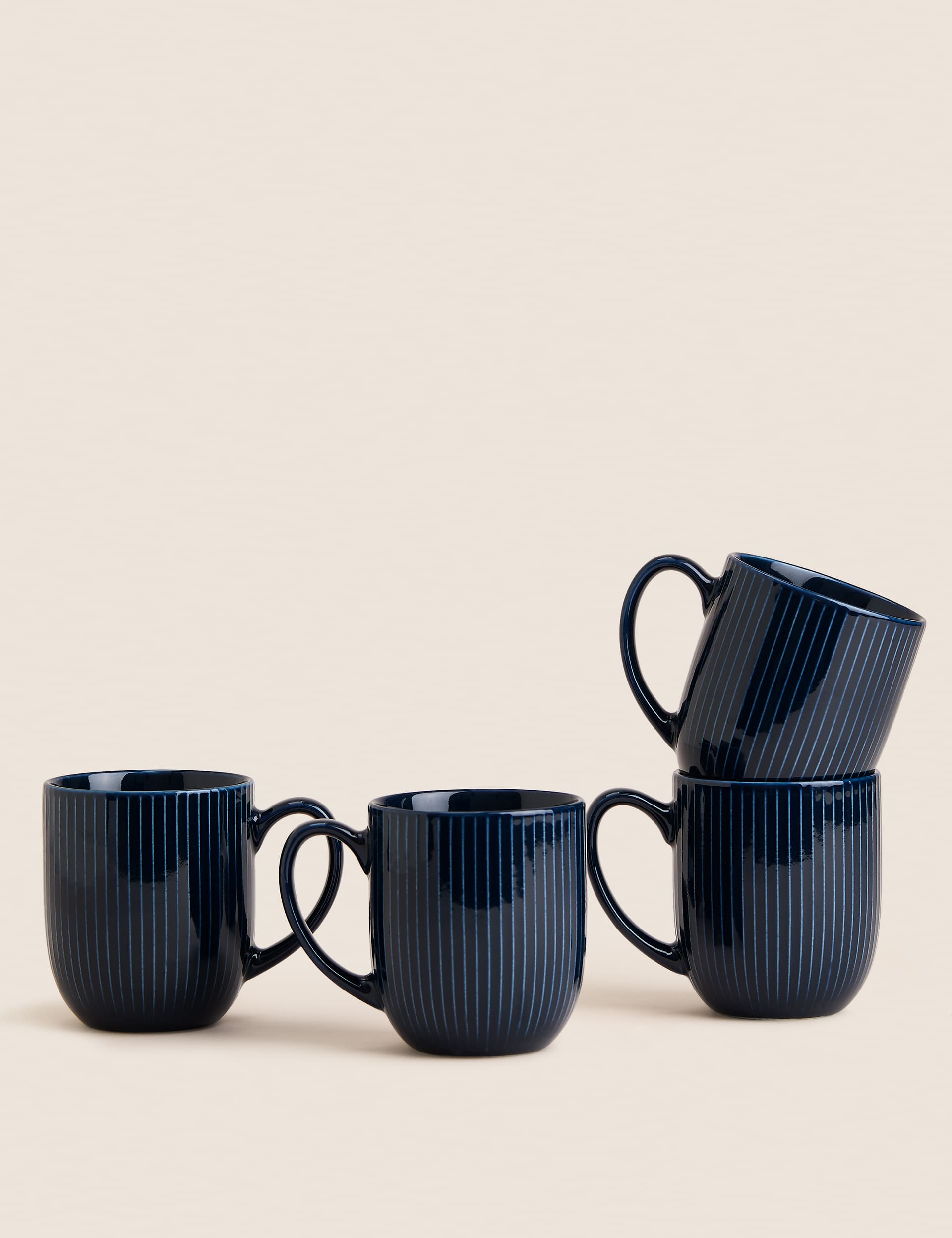 M&S Collection Set of 4 Ribbed Glazed Mugs - Blue, Blue,Pink,Grey