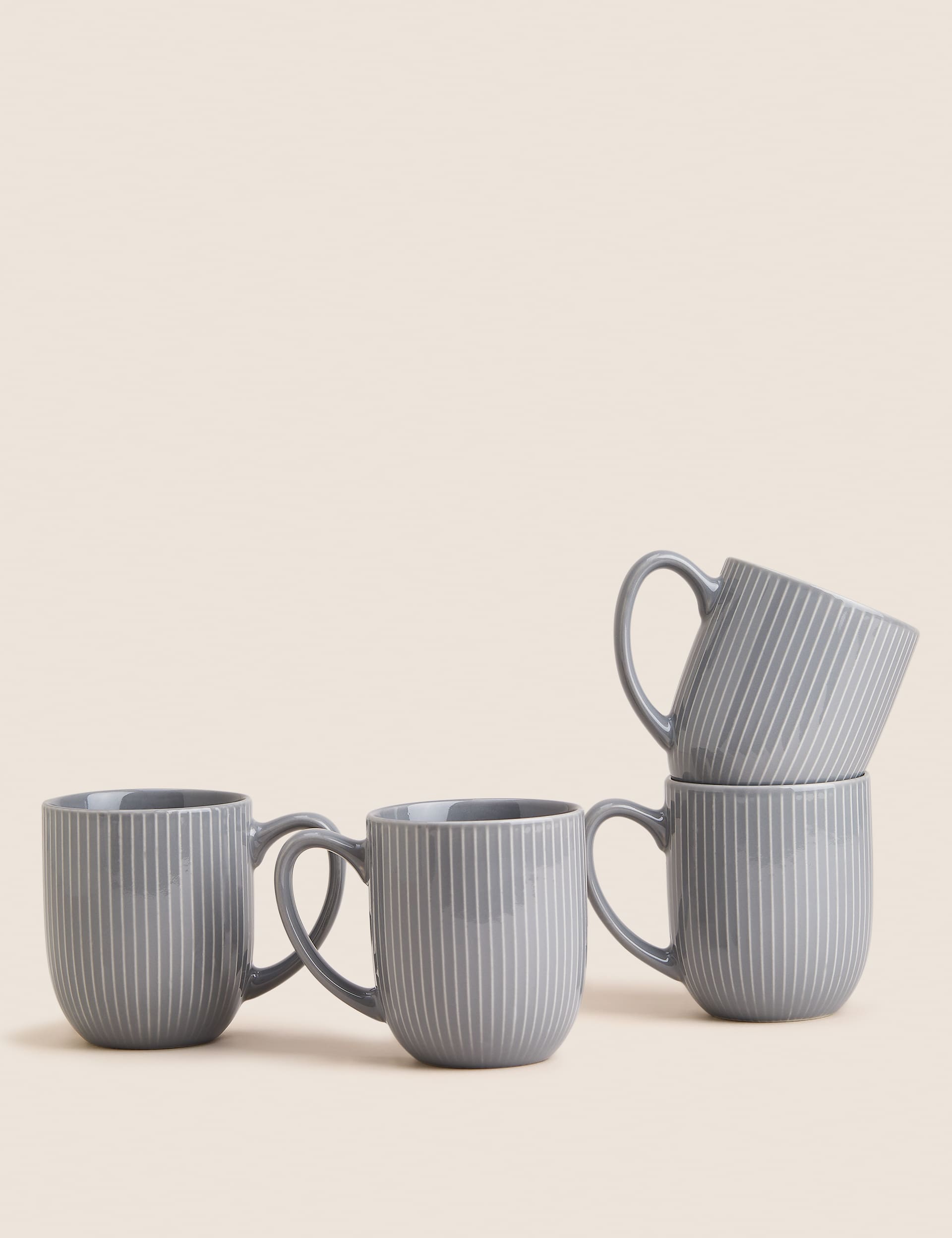 M&S Set of 4 Ribbed Glazed Mugs - Grey, Grey