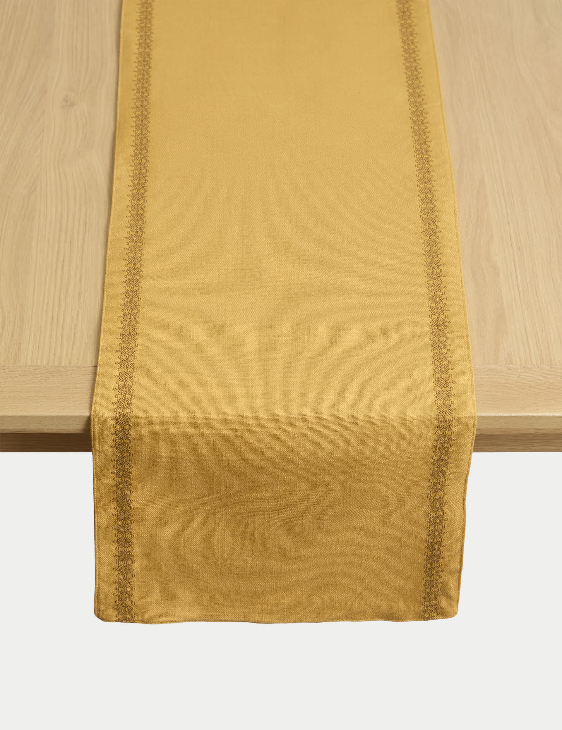 M&S X Fired Earth Pure Cotton Embroidered Table Runner - Ochre, Ochre,Dark Blue