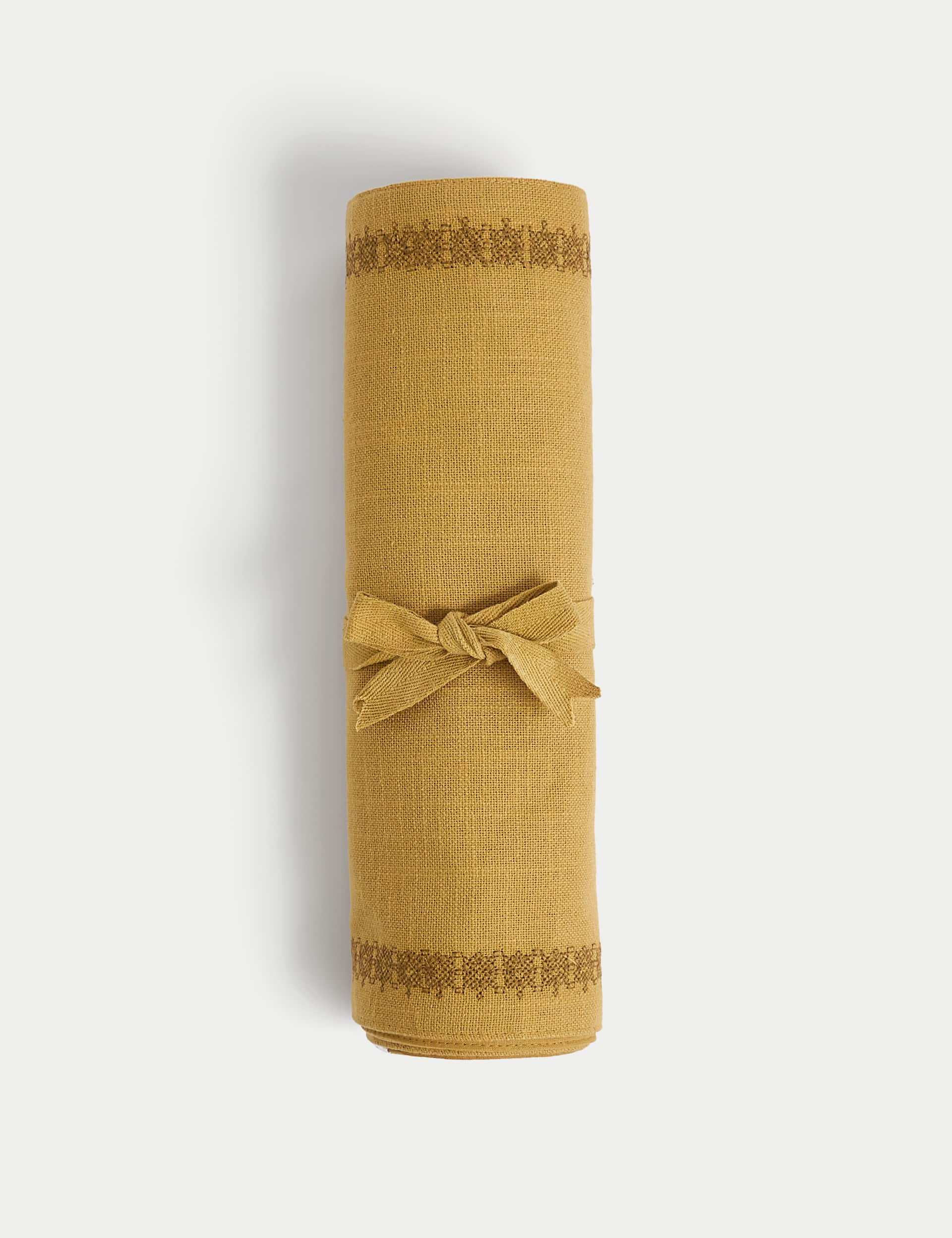 M&S X Fired Earth Pure Cotton Embroidered Table Runner - Ochre, Ochre,Natural,Dark Blue