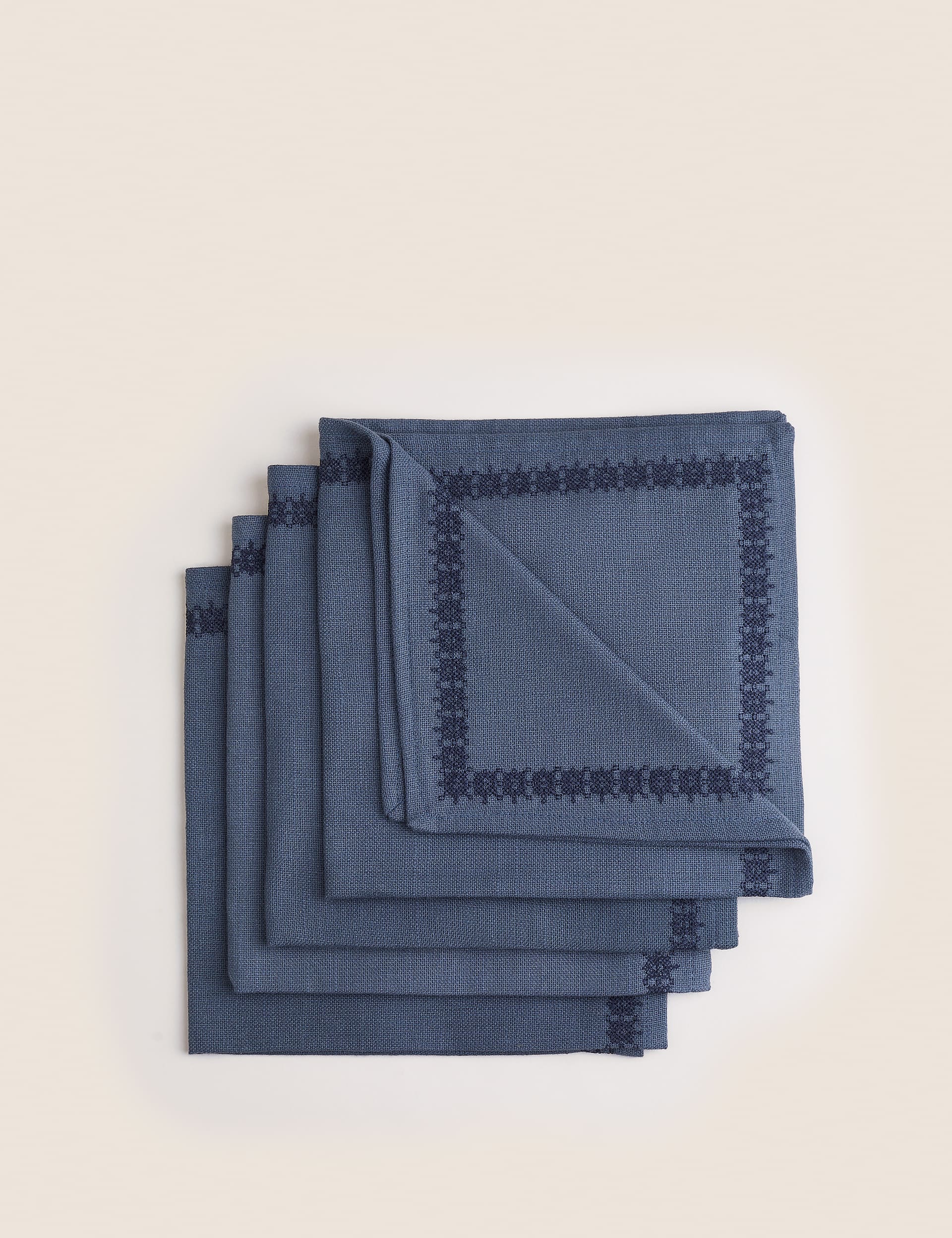 M&S X Fired Earth Set of 4 Pure Cotton Embroidered Napkins - Dark Blue, Green,Ochre,Natural,Dark Blu