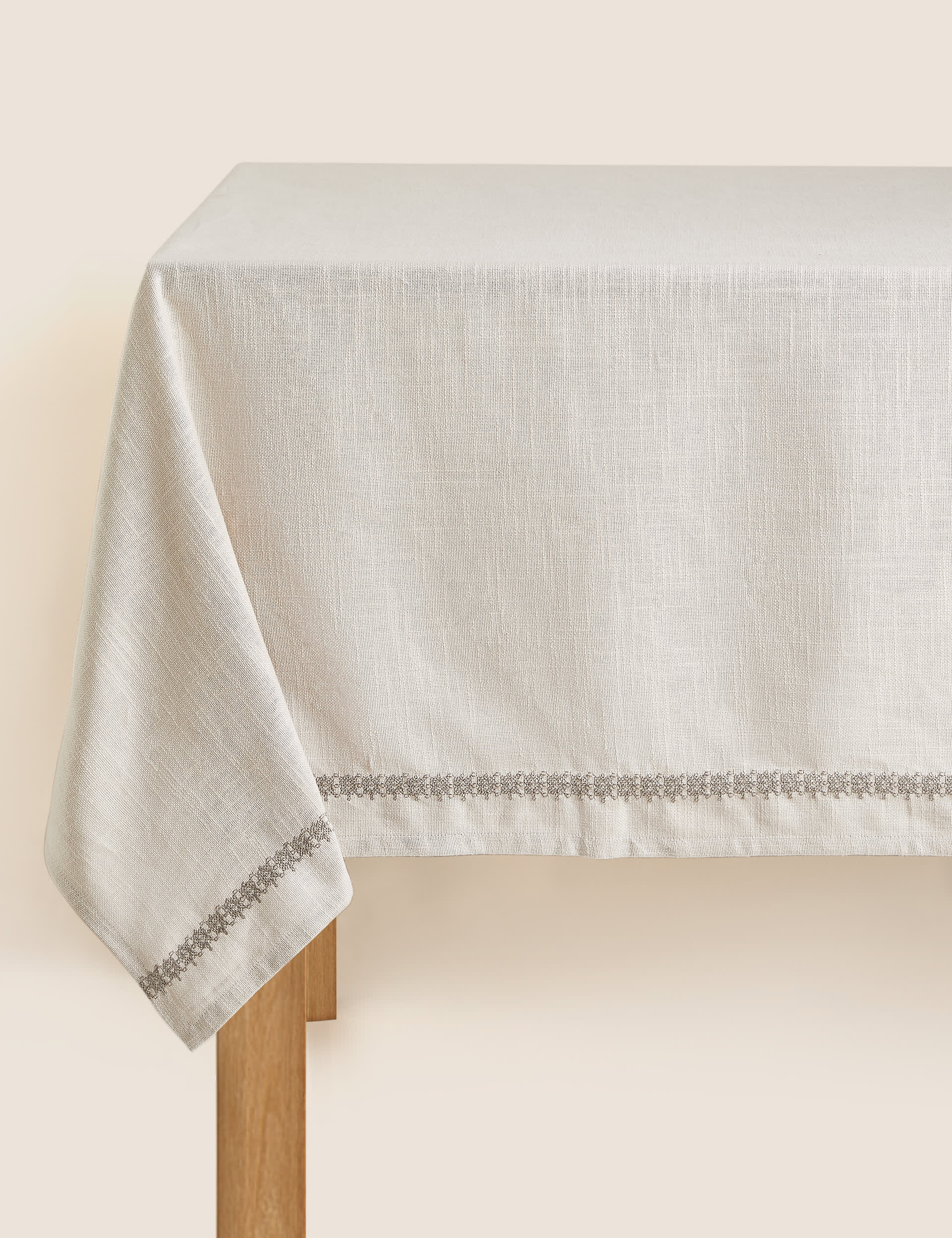 M&S X Fired Earth Pure Cotton Embroidered Tablecloth - Natural, Natural