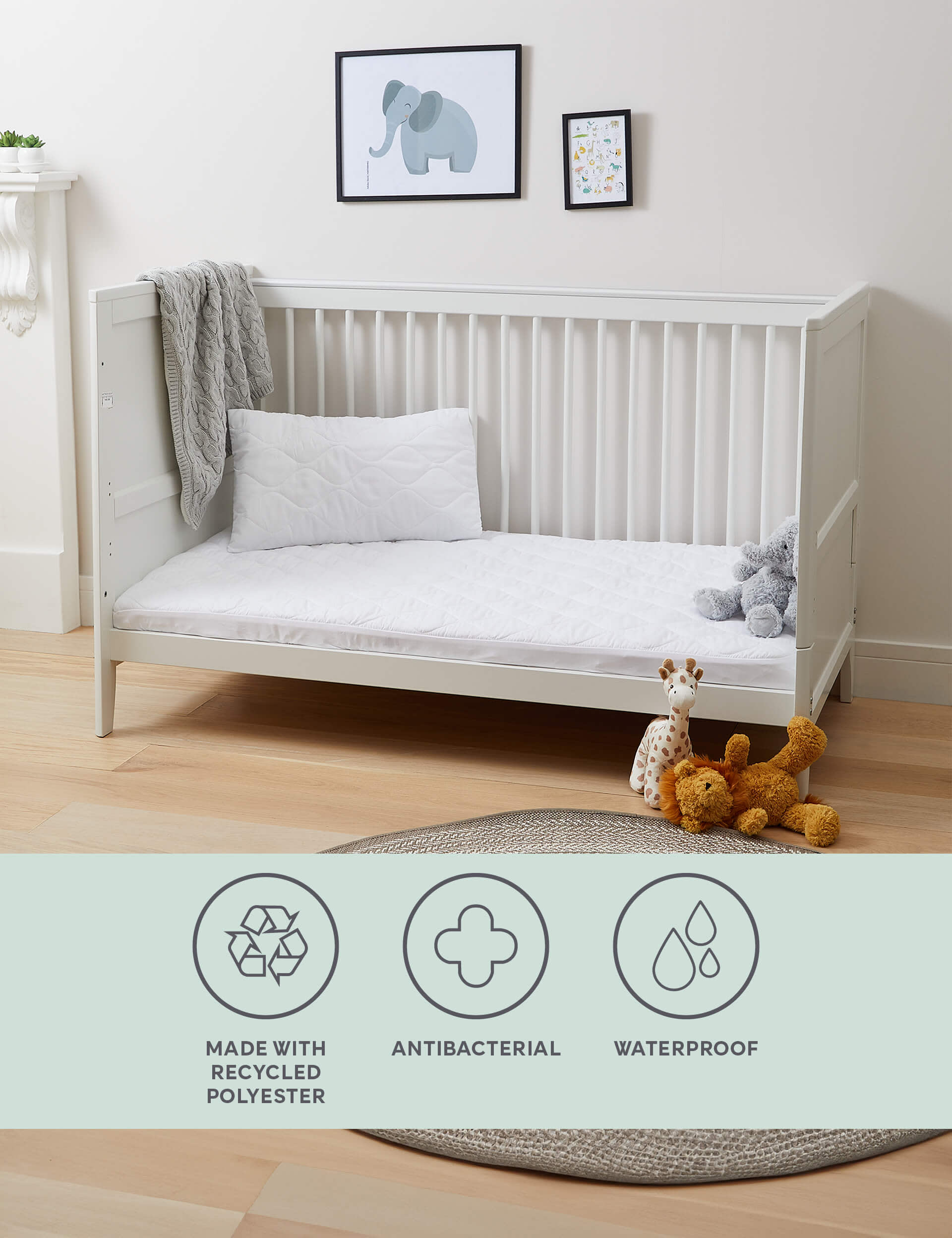 M&S Waterproof Cot Bed Mattress & Pillow Protector Set - COTBD - White, White