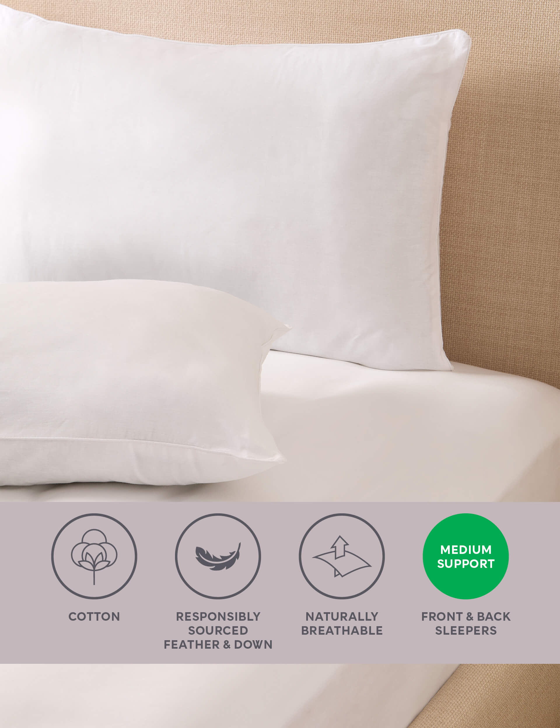 M&S 2pk Goose Feather & Down Medium Pillows - White, White