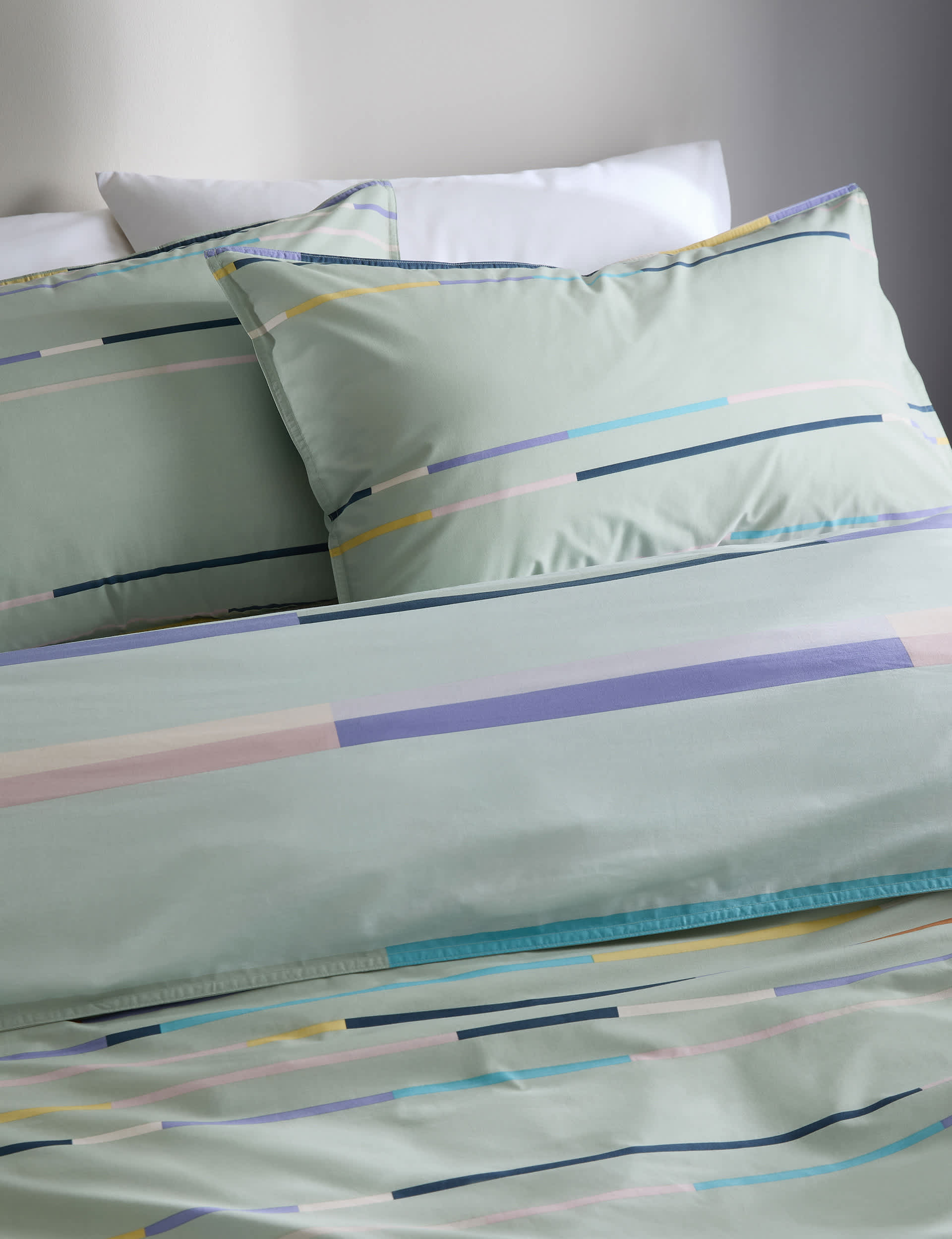 M&S Collection Cotton Rich Striped Bedding Set - 6FT - Blue Mix, Green Mix,Blue Mix,Clay