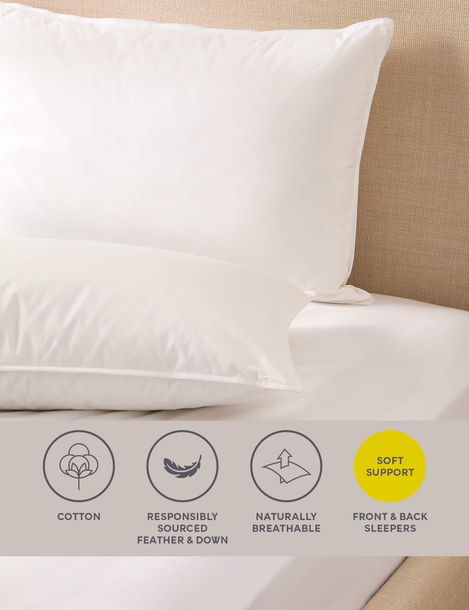 M&S 2pk Duck Feather & Down Soft Pillows - White, White