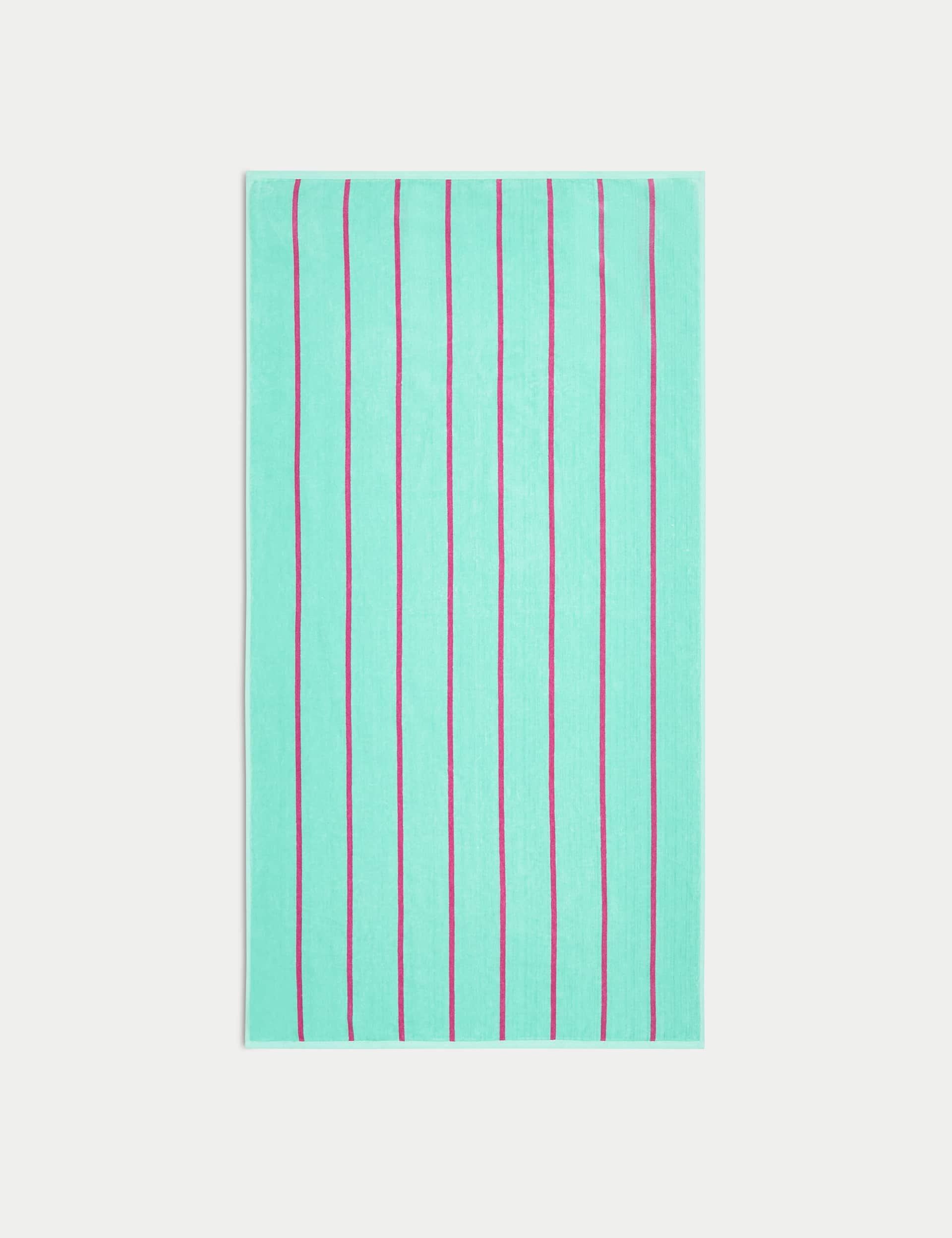 M&S Pure Cotton Striped Beach Towel - Teal, Teal,Pink