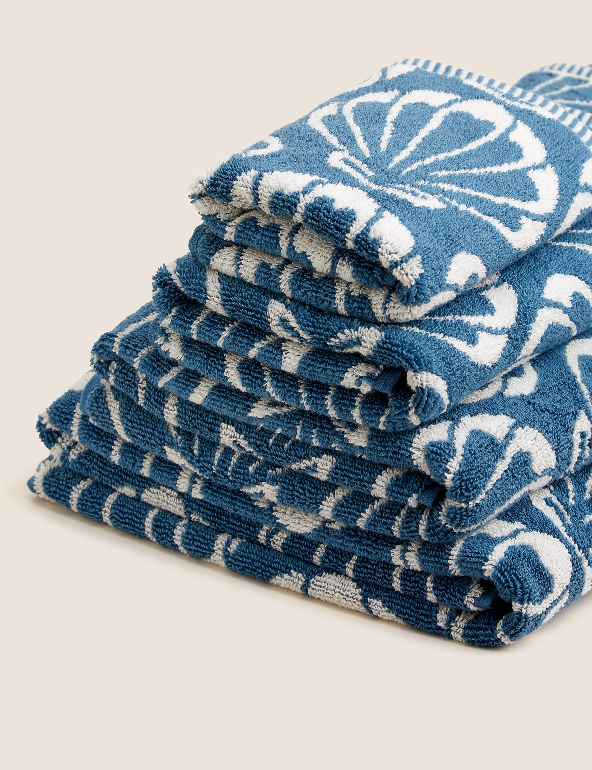 M&S Pure Cotton Shell Jacquard Towel - EXL - Blue, Blue