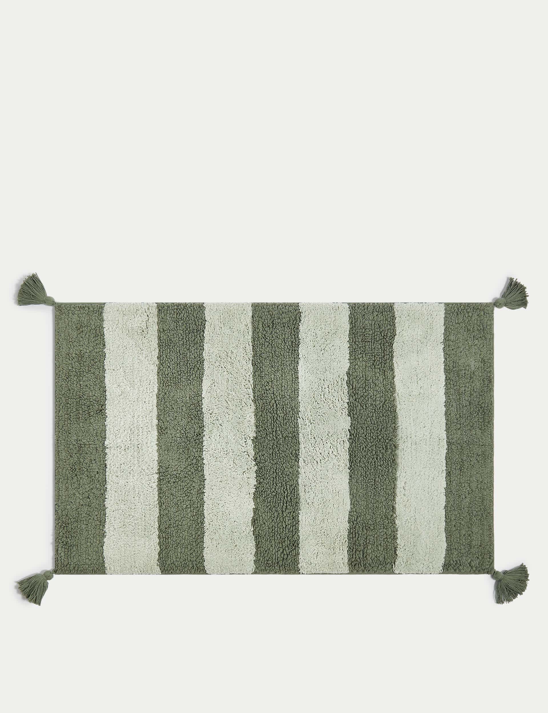 M&S Pure Cotton Striped Bath Mat - Forest Green, Natural,Powder Blue,Clay,Forest Green,Silver Grey