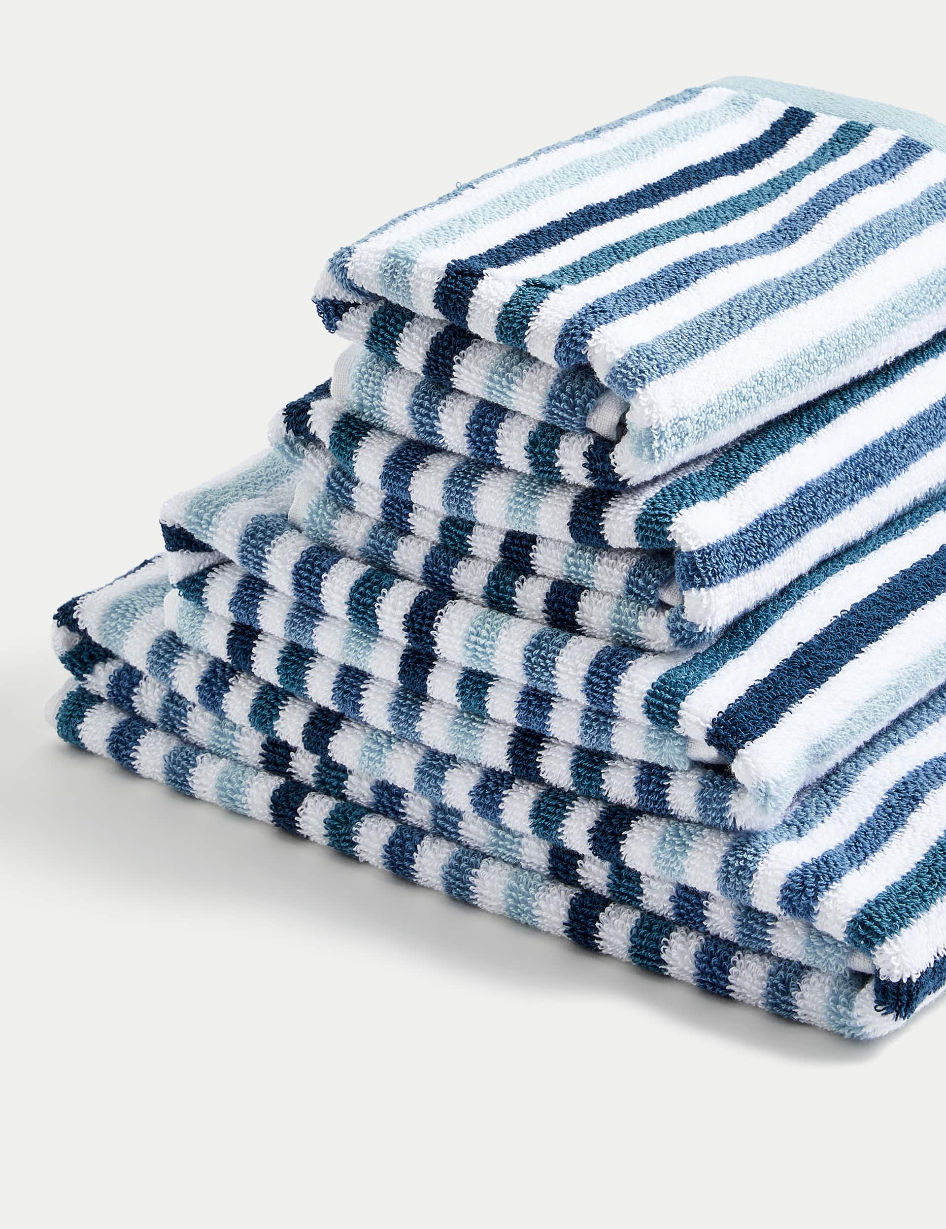 M&S Pure Cotton Striped Towel - BATH - Blue, Green,Clay,Blue