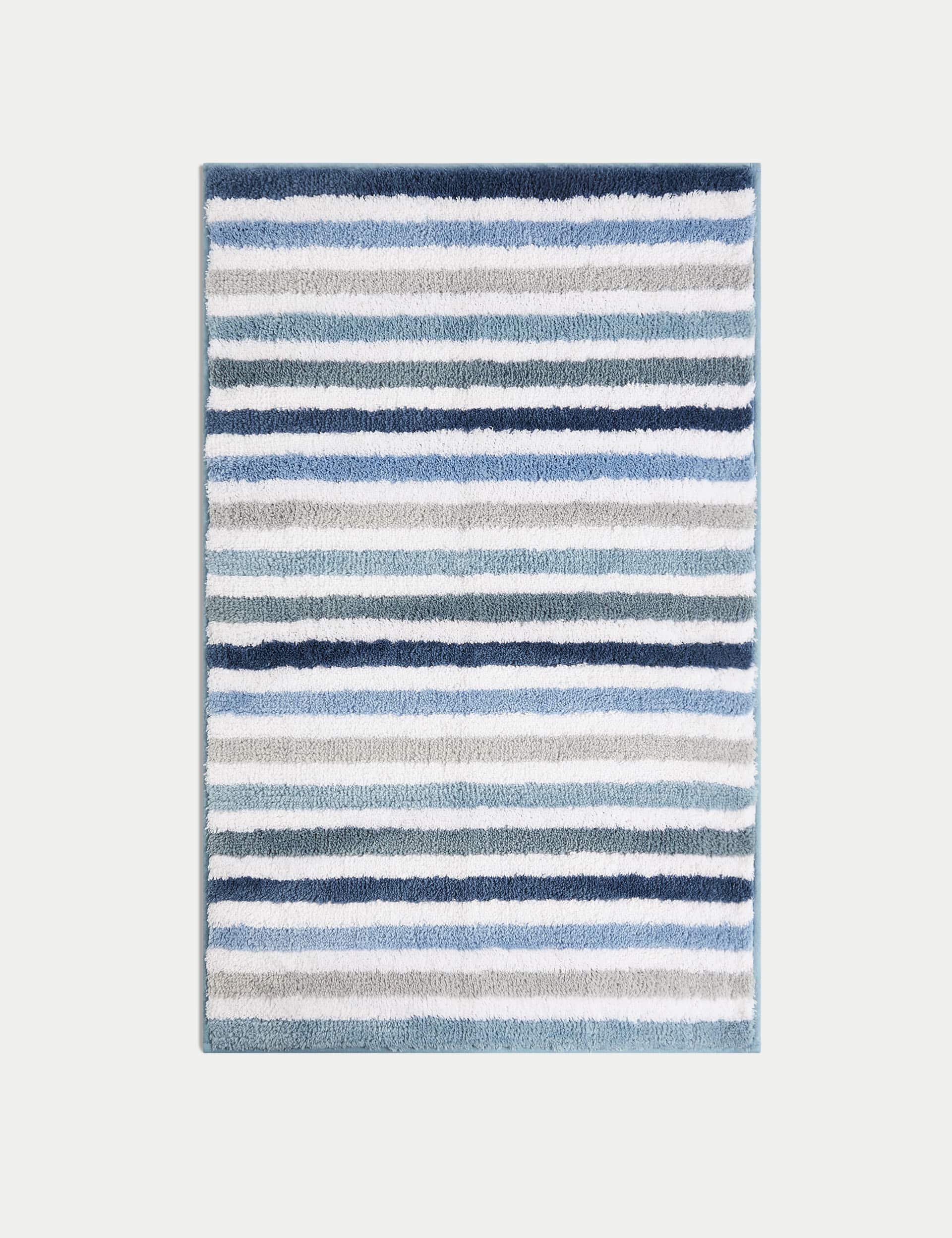 M&S Collection Cotton Blend Striped Quick Dry Bath Mat - Blue, Blue