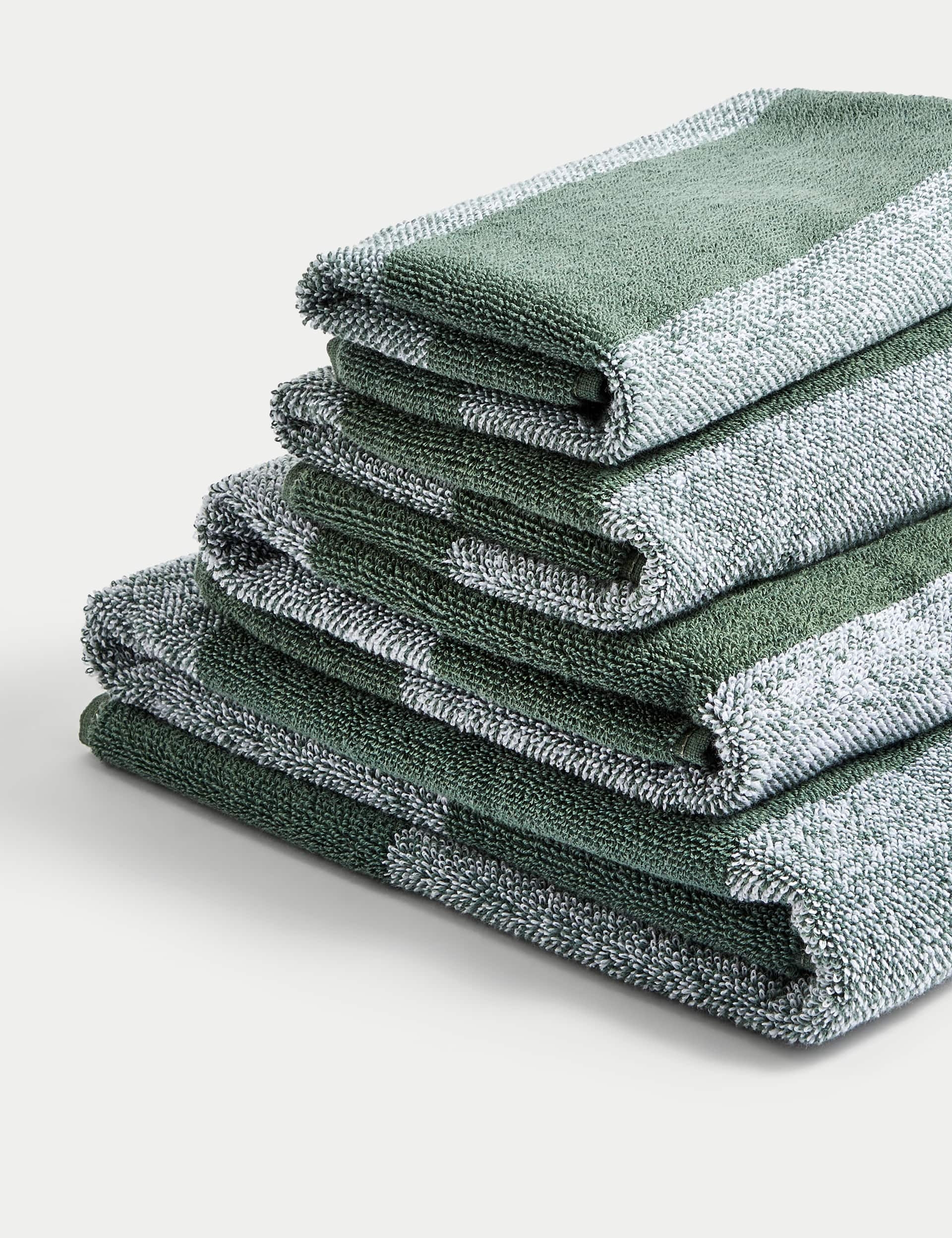 M&S Pure Cotton Striped Towel - EXL - Forest Green, Forest Green