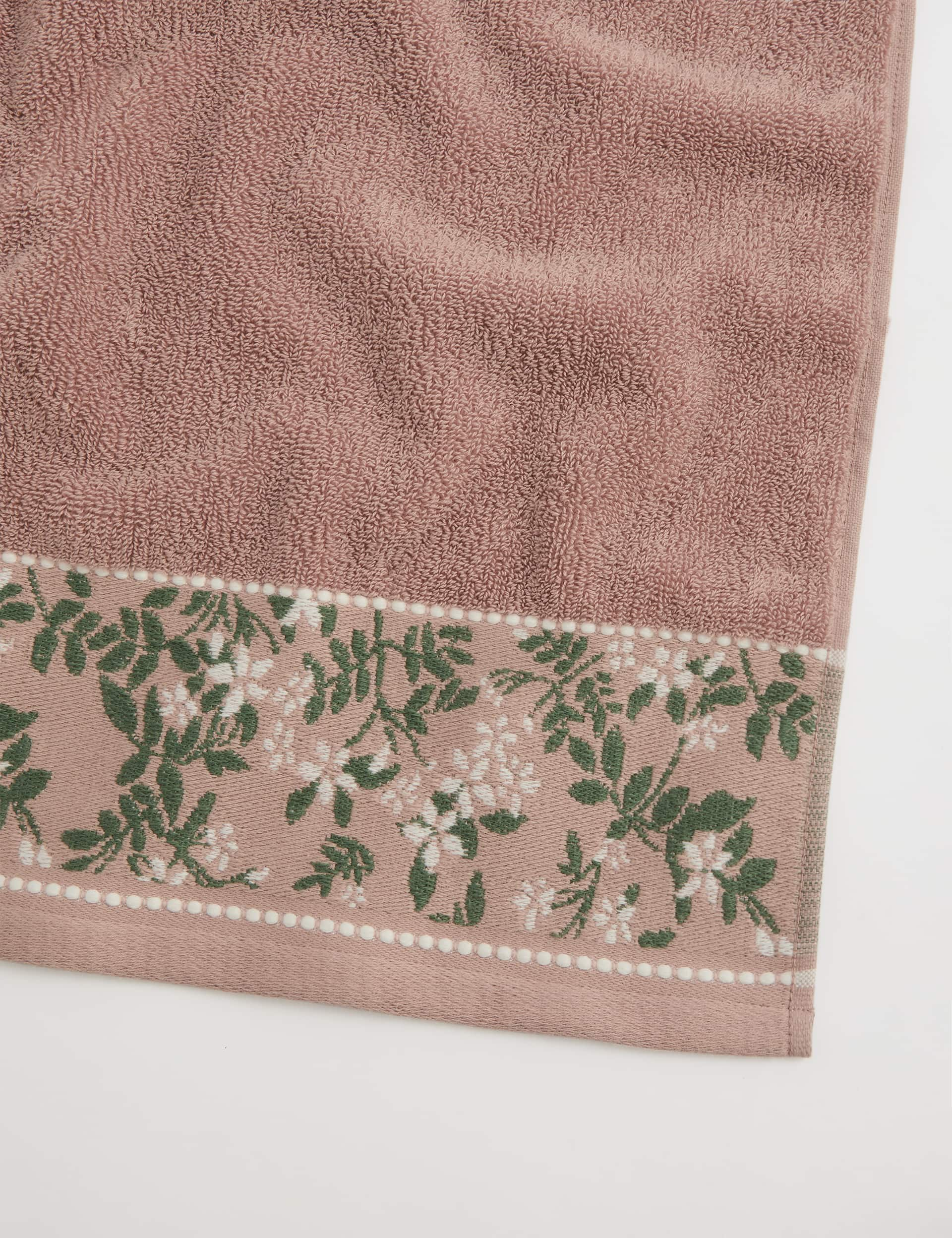 M&S Collection Pure Cotton Woven Floral Towel - HAND - Blush, Blush,Light Grey Mix,Forest Green