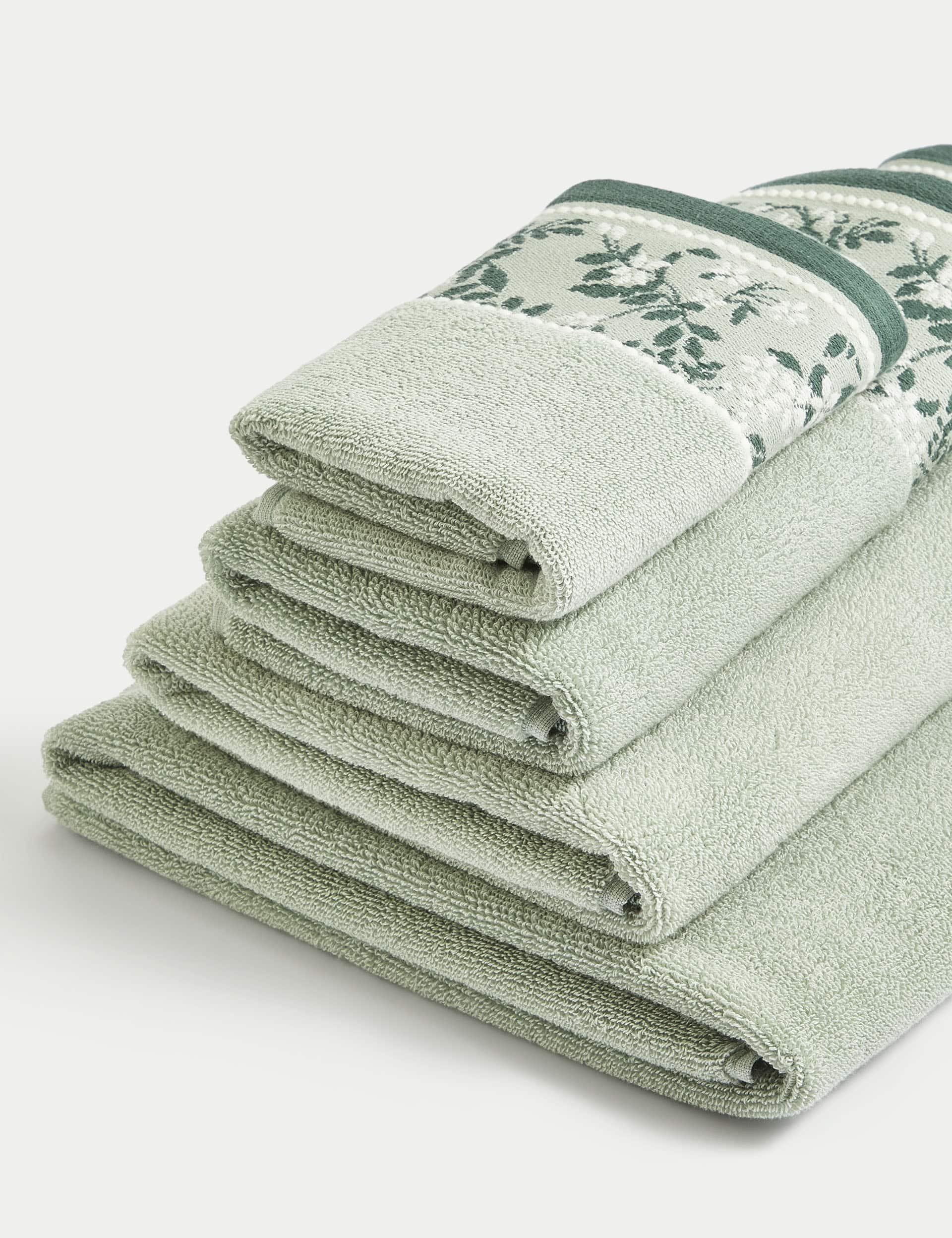 M&S Pure Cotton Woven Floral Towel - EXL - Forest Green, Blush,Forest Green