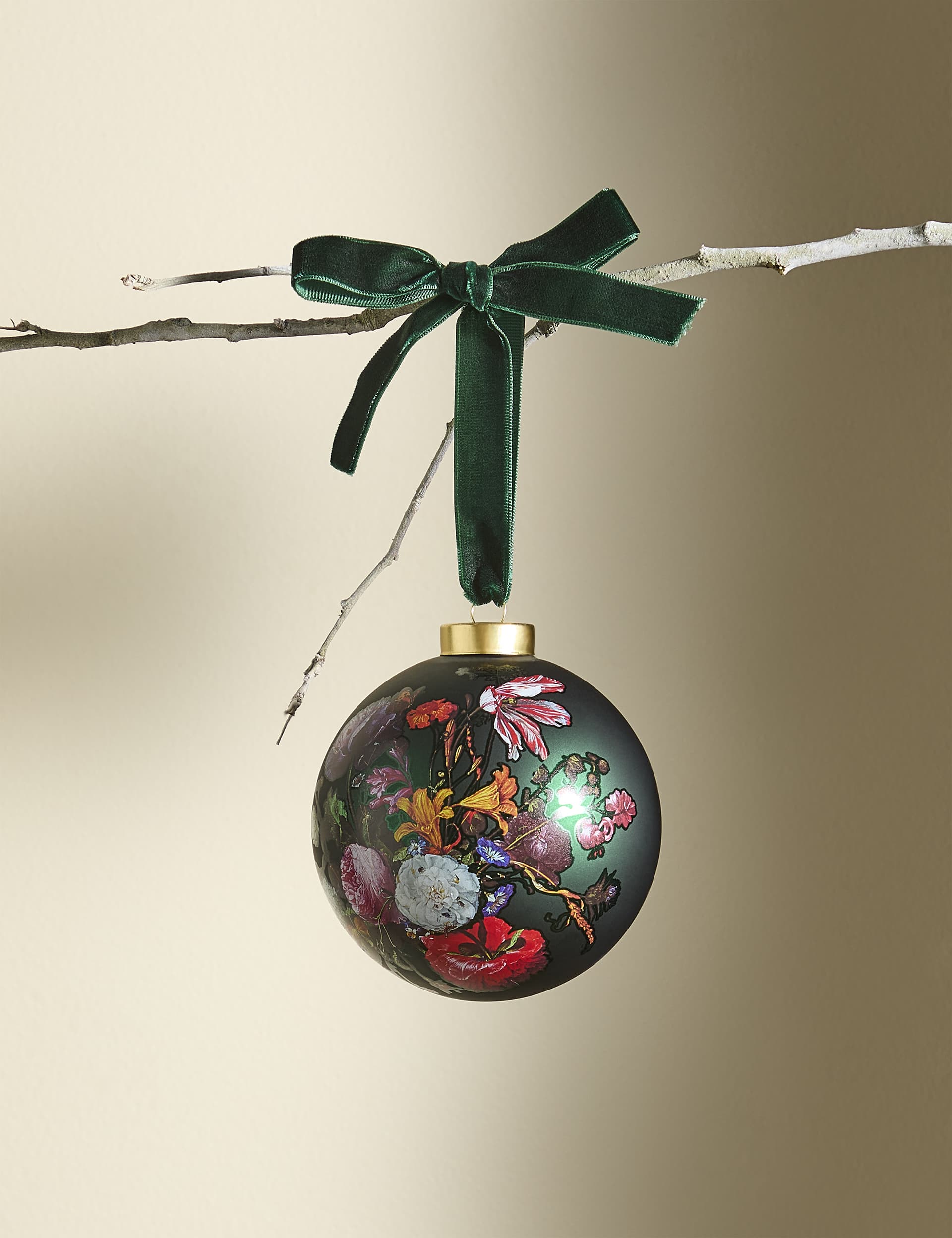 M&S X National Gallery Green Glass Floral Bauble - Dark Green Mix, Dark Green Mix