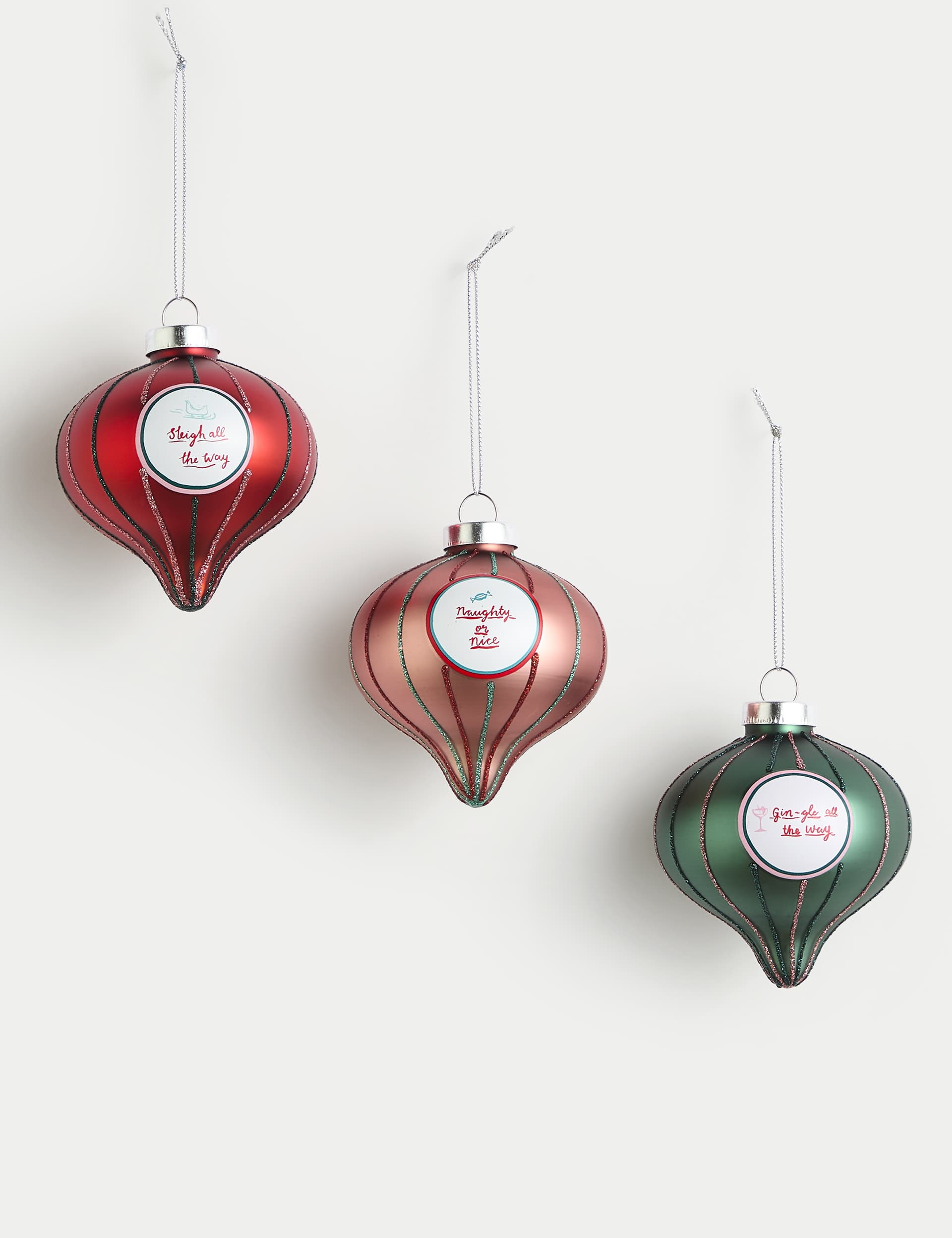 M&S 3pk Glass Striped Festive Slogan Baubles - Multi, Multi