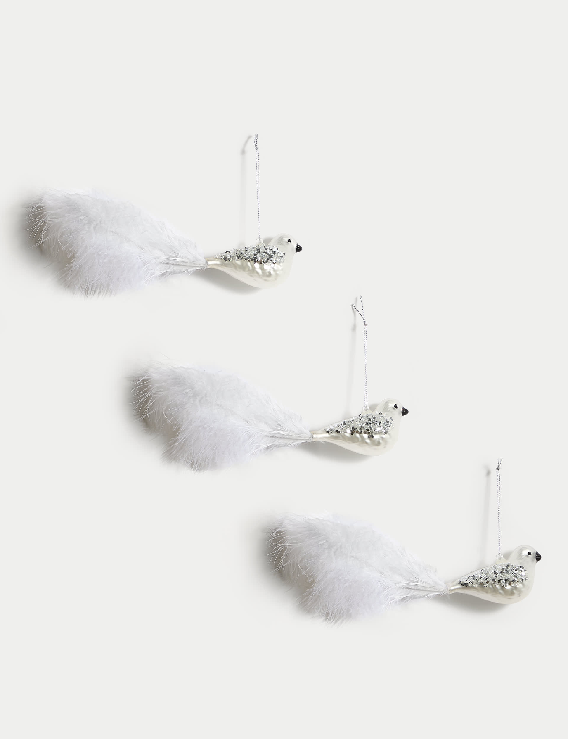 M&S 3pk Glass Feathered Bird Hanging Decorations - White Mix, White Mix