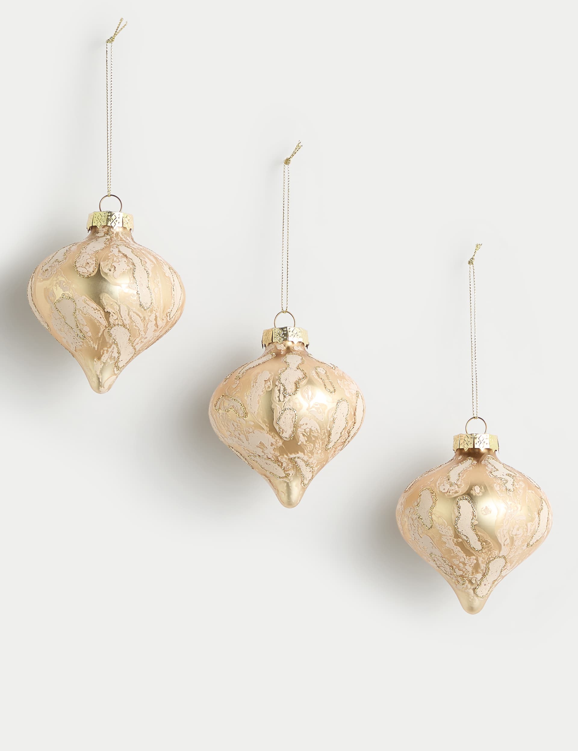 M&S 3pk Gold Glass Marbled Baubles, Gold