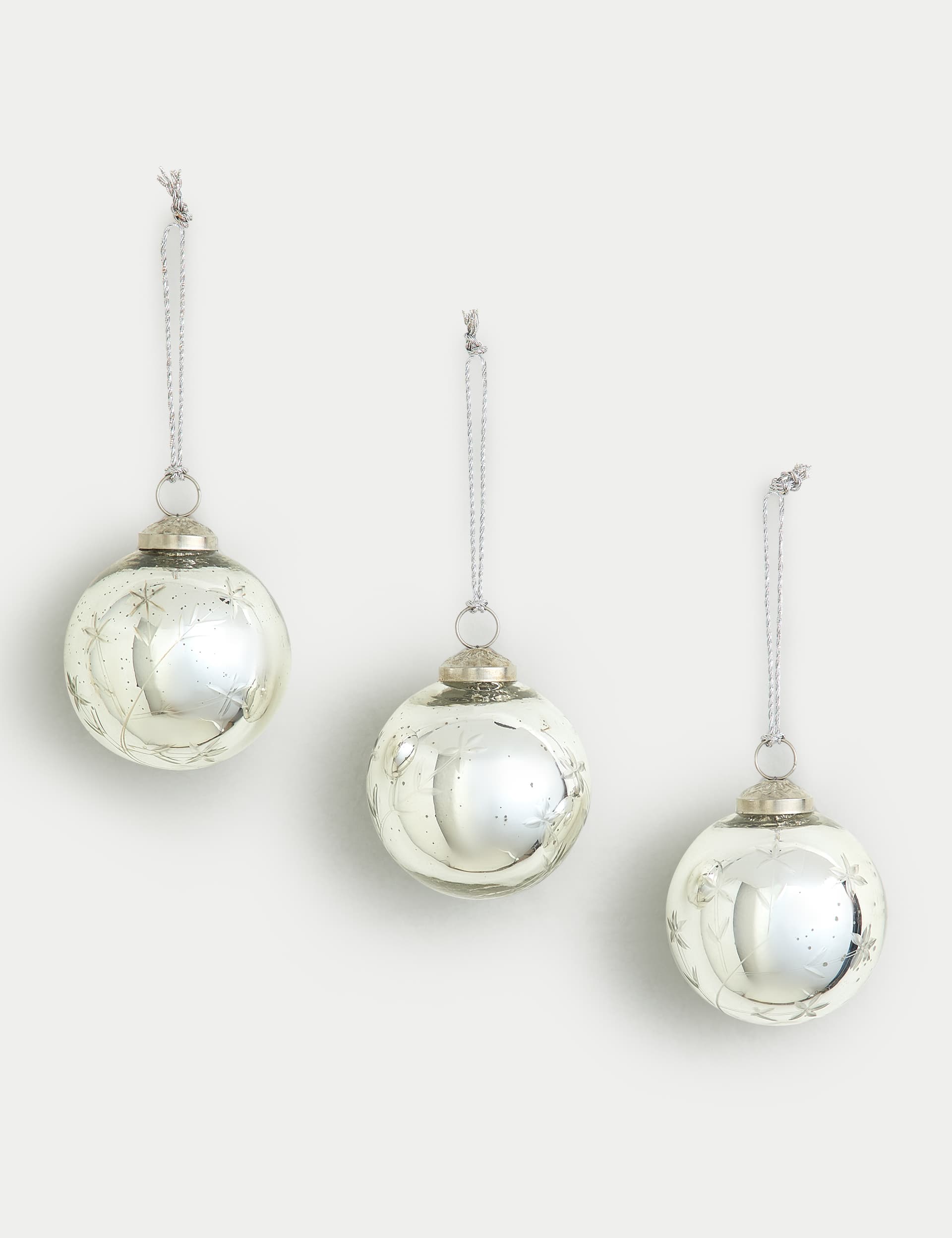 M&S 3pk Silver Glass Floral Etched Baubles, Silver