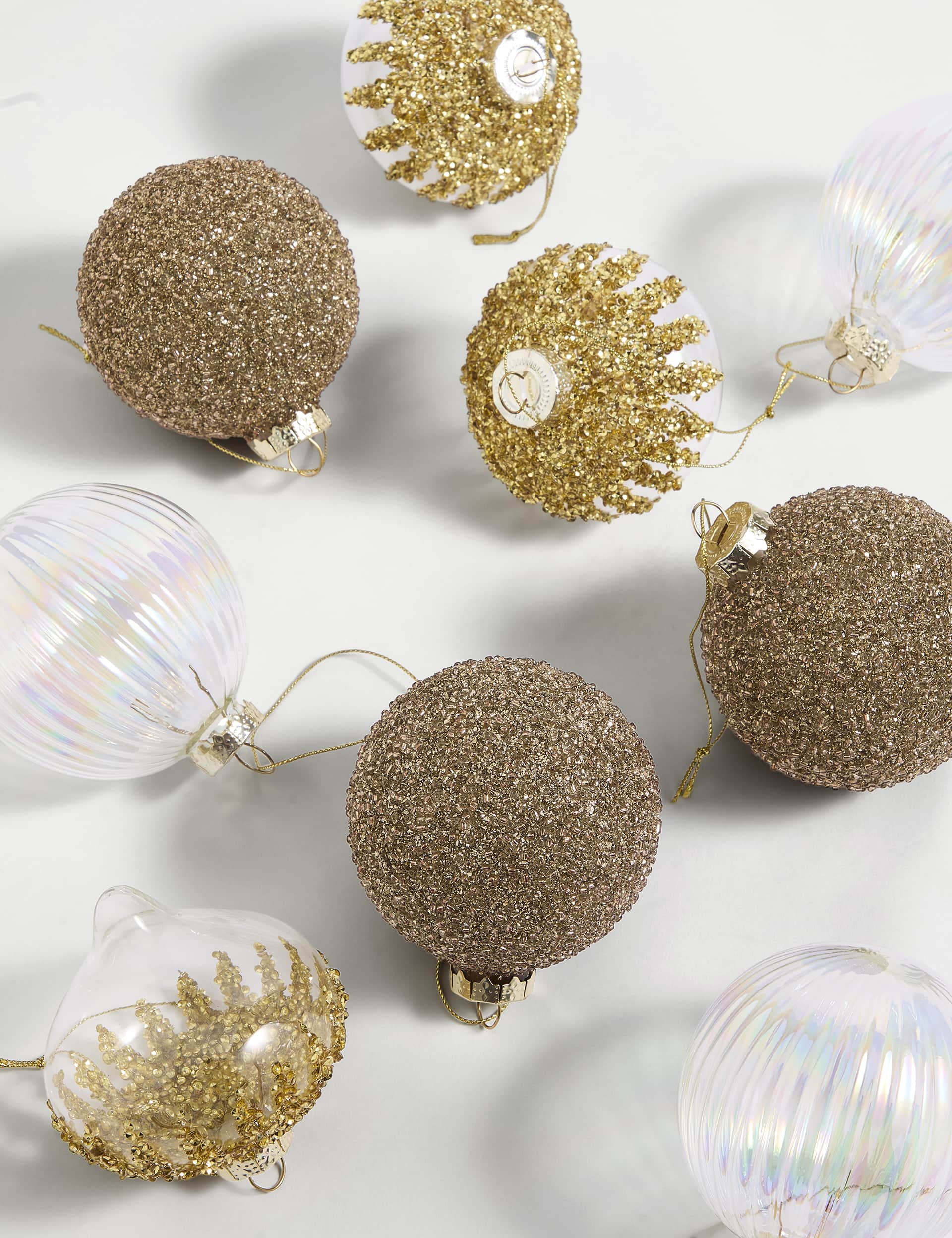 M&S 9pk Gold Glass Embellished Baubles - Gold Mix, Gold Mix