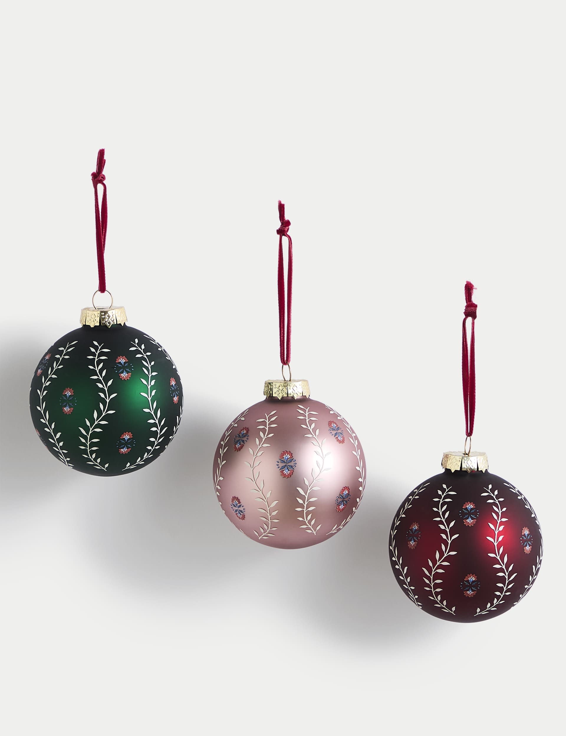 M&S 3pk Multicoloured Glass Floral Baubles, Multi