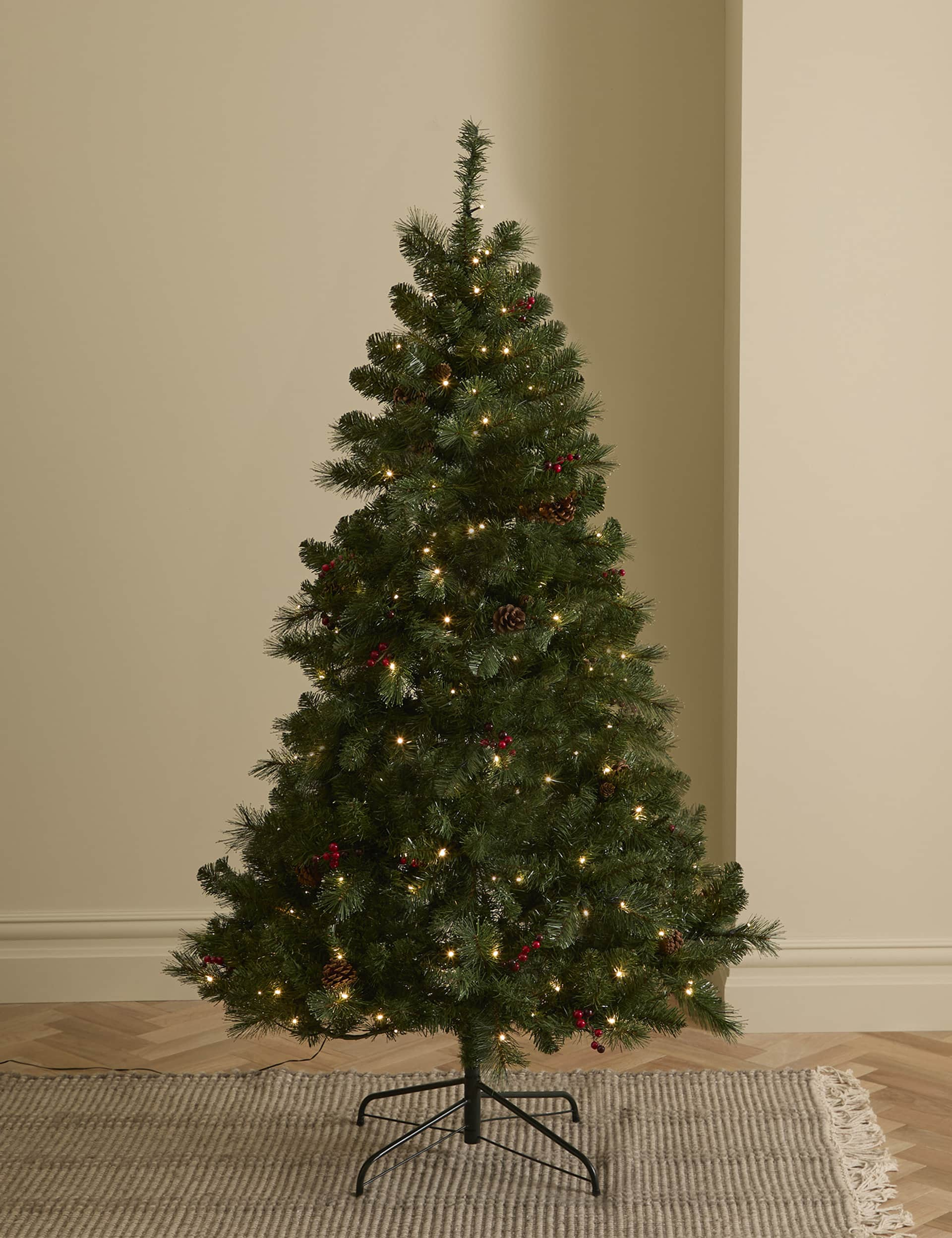 M&S 6ft Pre-Lit Red Berries Christmas Tree - Green, Green