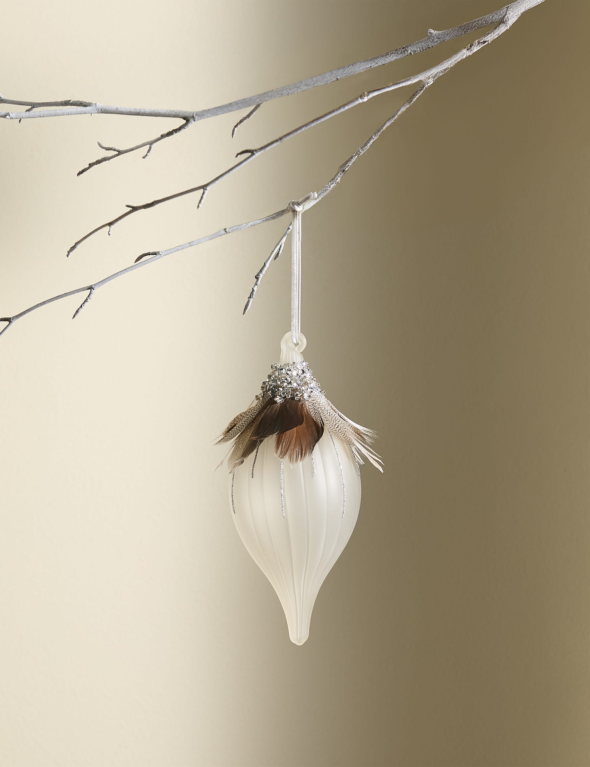 M&S Frosted Glass Feather Bauble - Silver, Silver