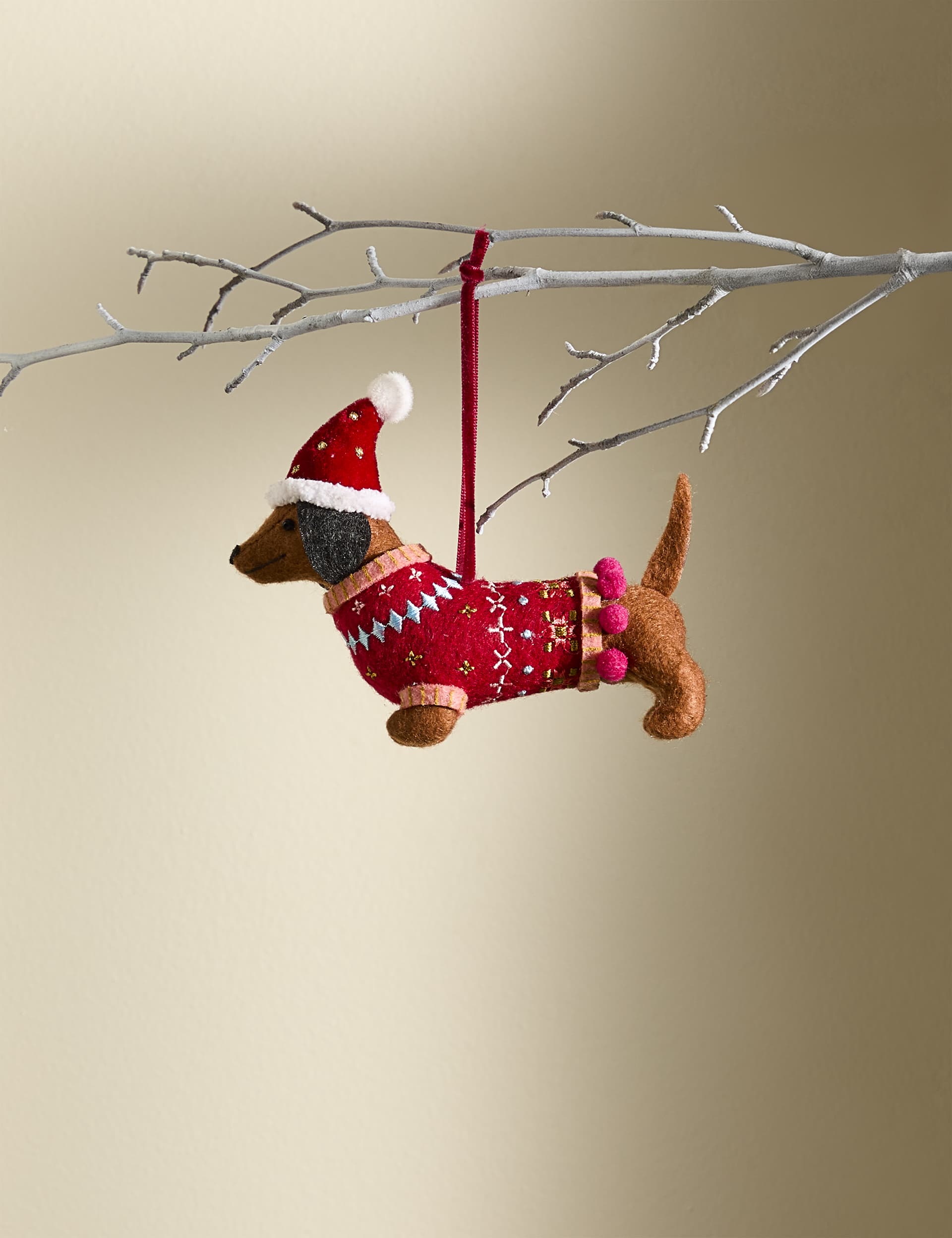 M&S Felt Sausage Dog Hanging Decoration - Red Mix, Red Mix